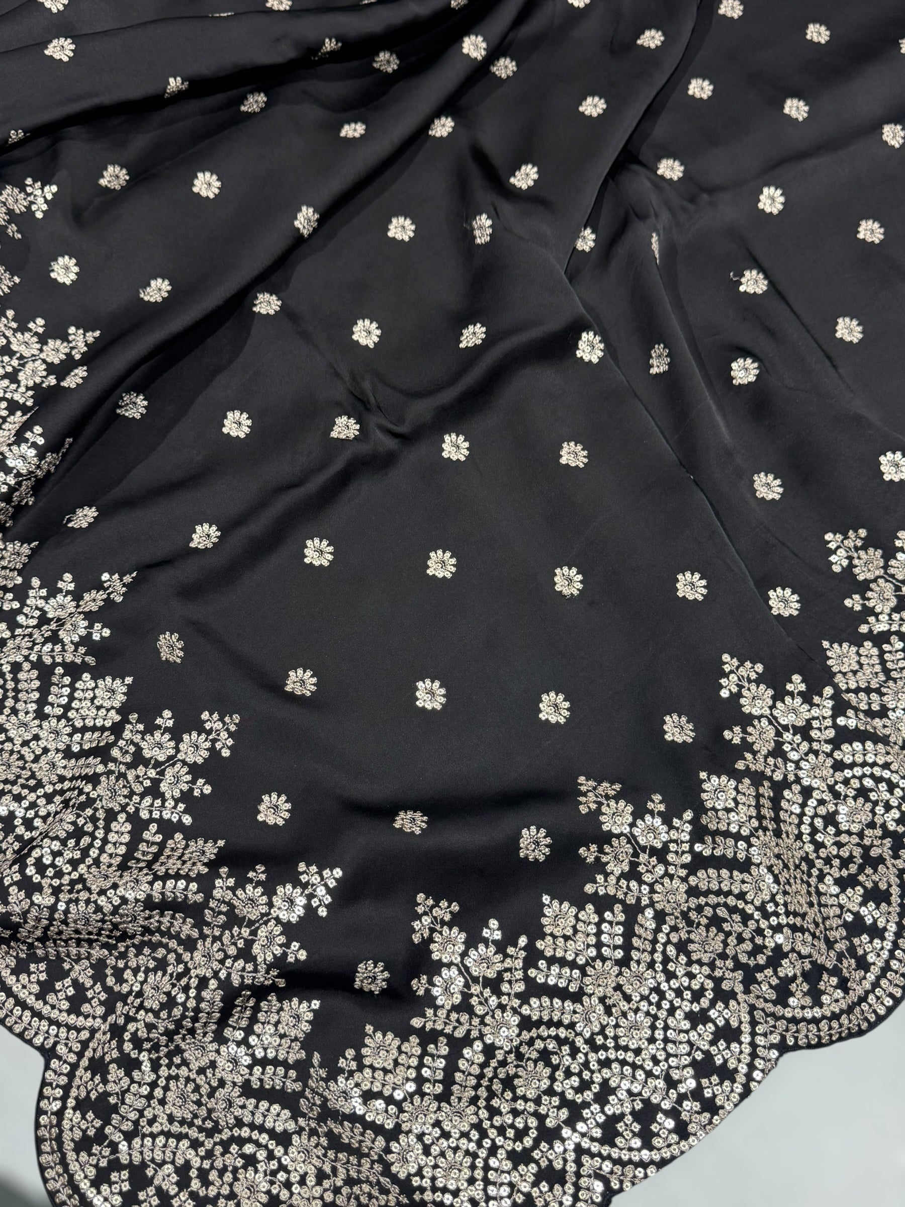 Black Satin Saree with heavy sequnce embroidered scallop Border
