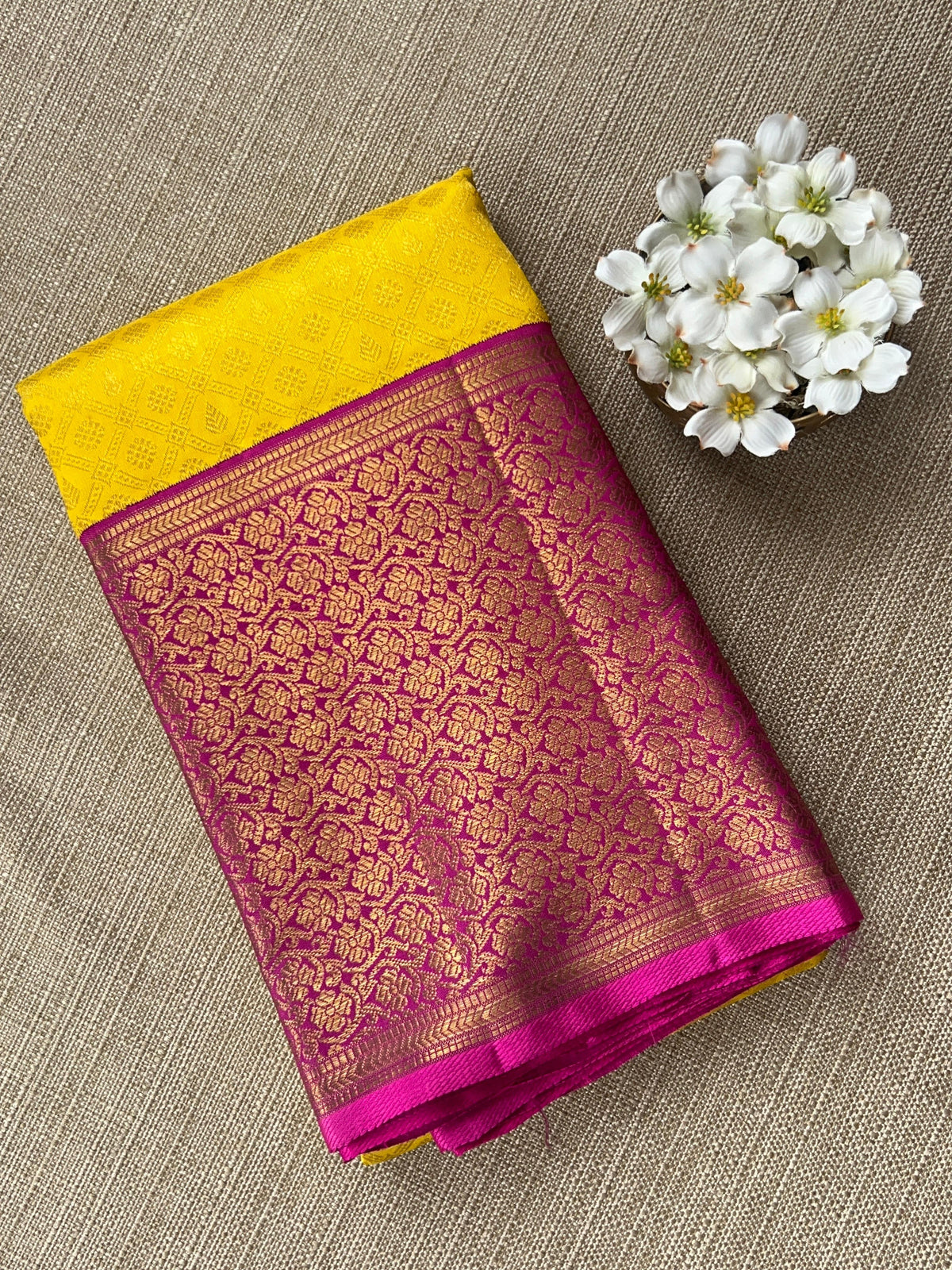 Yellow and Rani Pink Combo kanchi brocade designer kuttu border saree