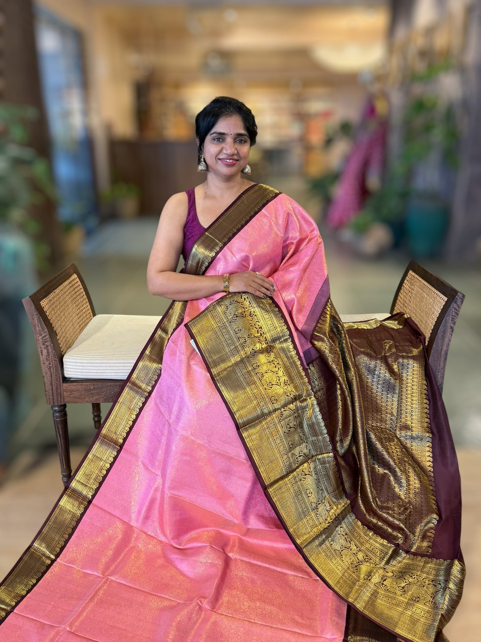 Neon Pink & Coffee Brown Combo Kanchi Brocade Silk Saree with Vintage borders