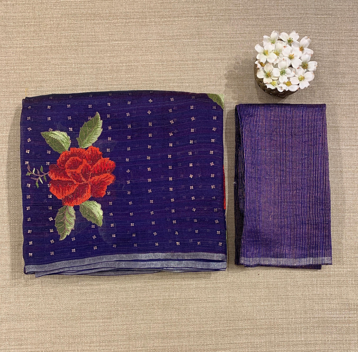 Violet Tussar Kota Saree with embedded sequnce and hibuscus flower embroidery