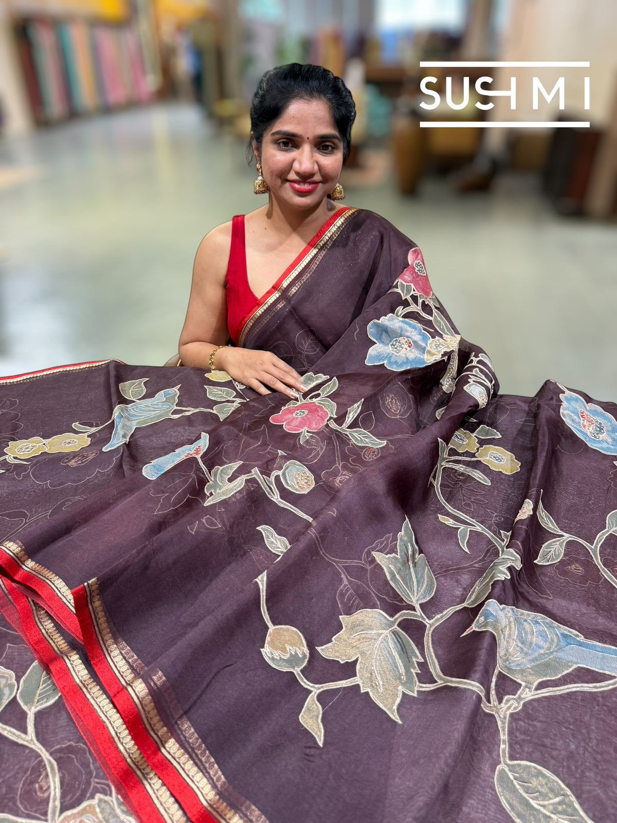 Brown Designer Organza with Tissue applique work : S62F092