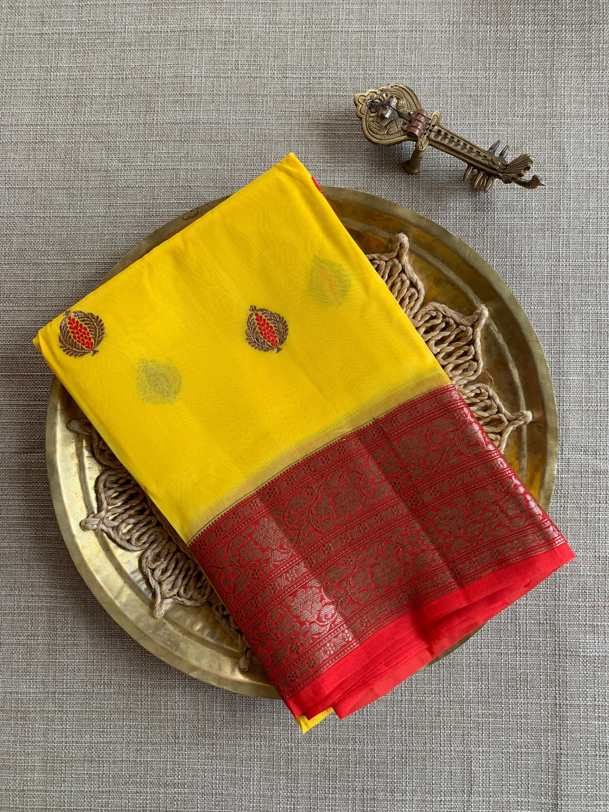 Sunflower Yellow & Orangish Red Combo Kora Banarasi Saree with Meenakari Kaduwa woven motifs