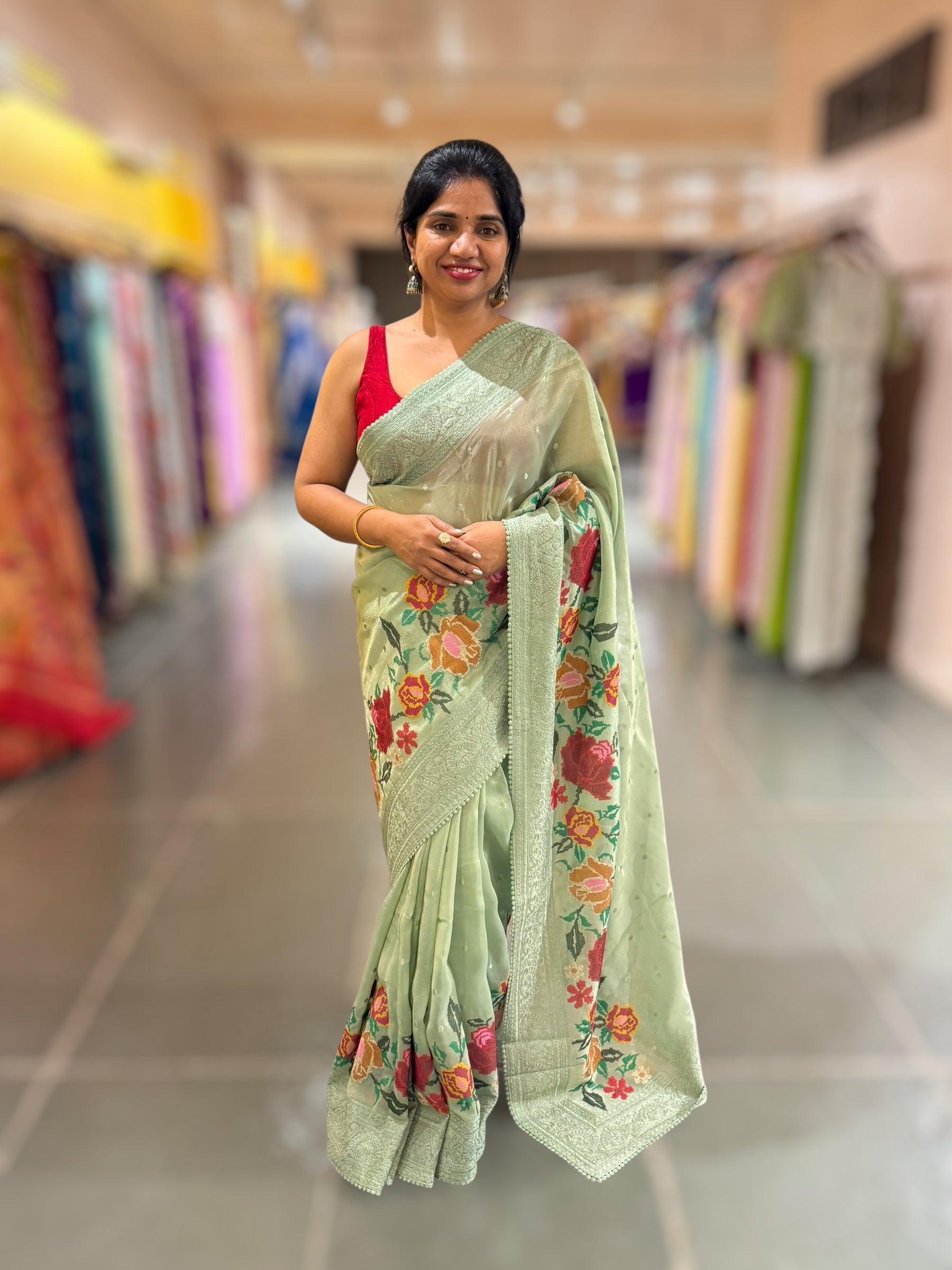 Dhaara : Sage Green Tissue Gorgette Saree