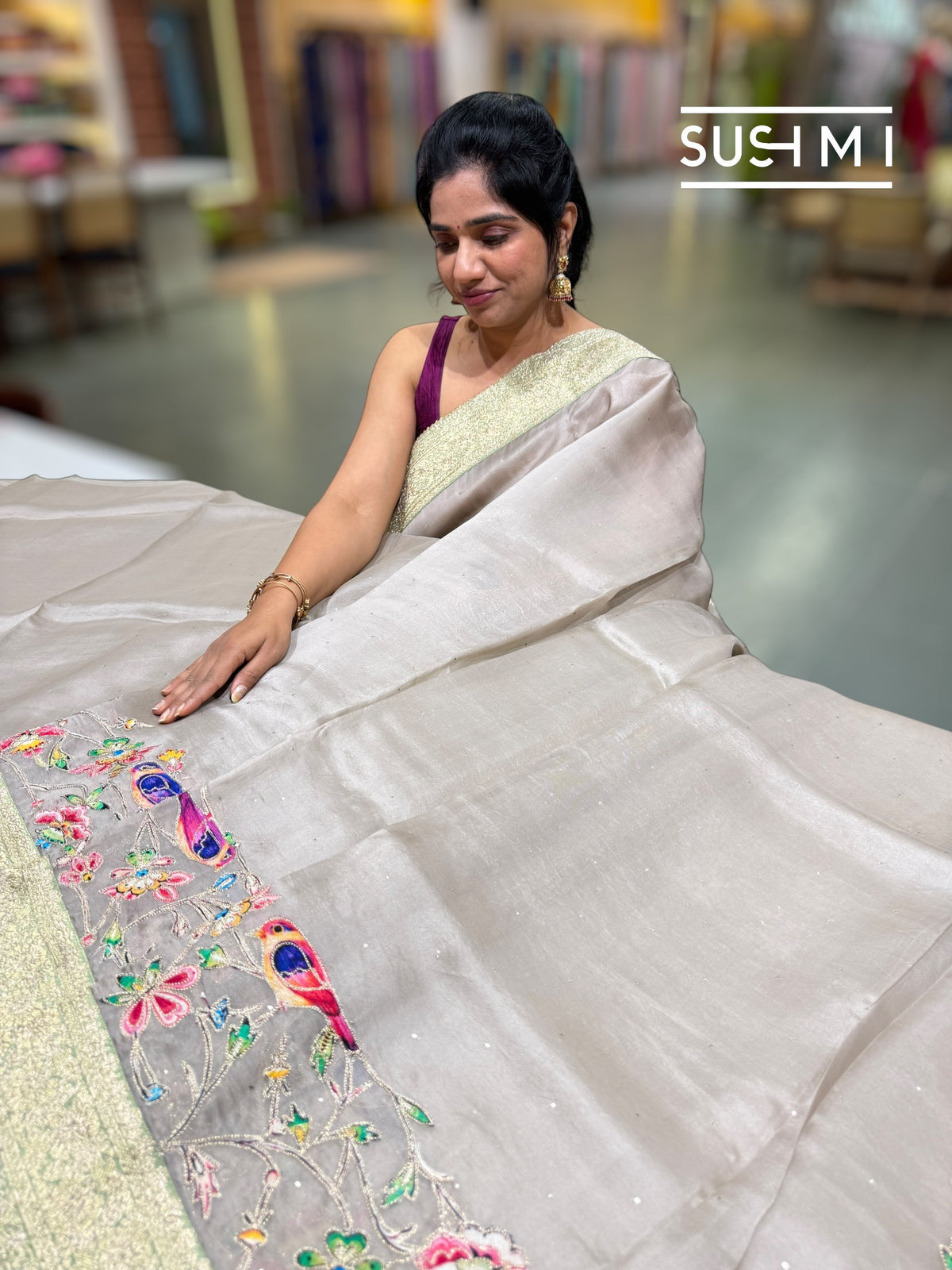 Muted Earthy Dove tone Organza Banarasi Fusion Saree with Bird Appliqué : SM022
