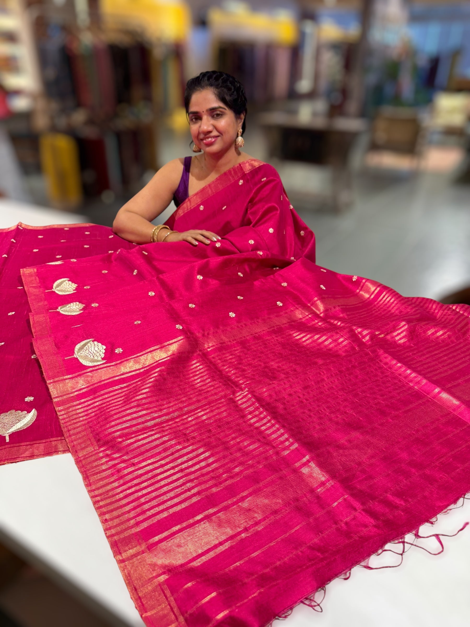 Dark Pink Pure Handloom Raw Silks Saree