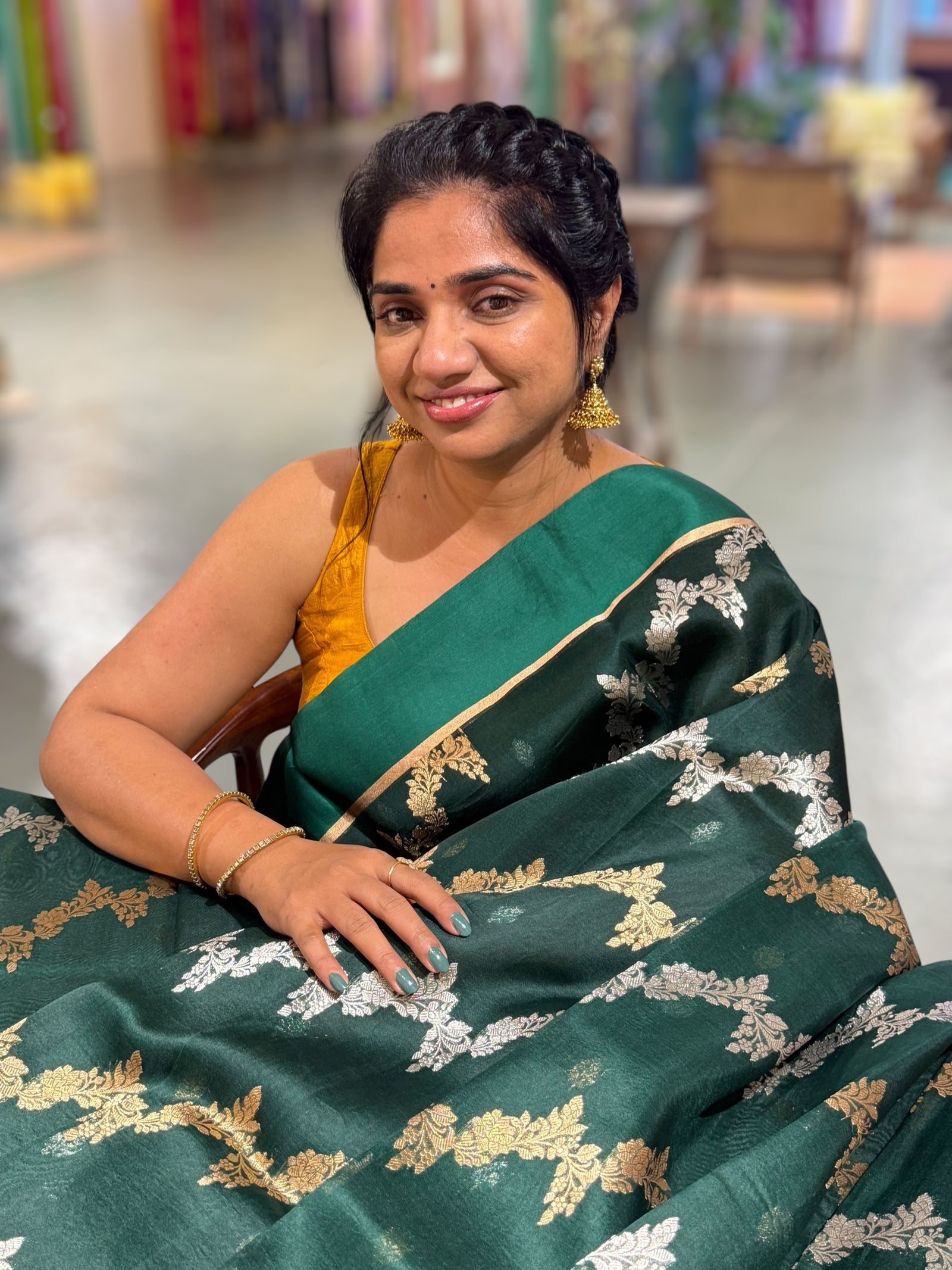 Bottle Green Kora Banarasi Saree in half & half style