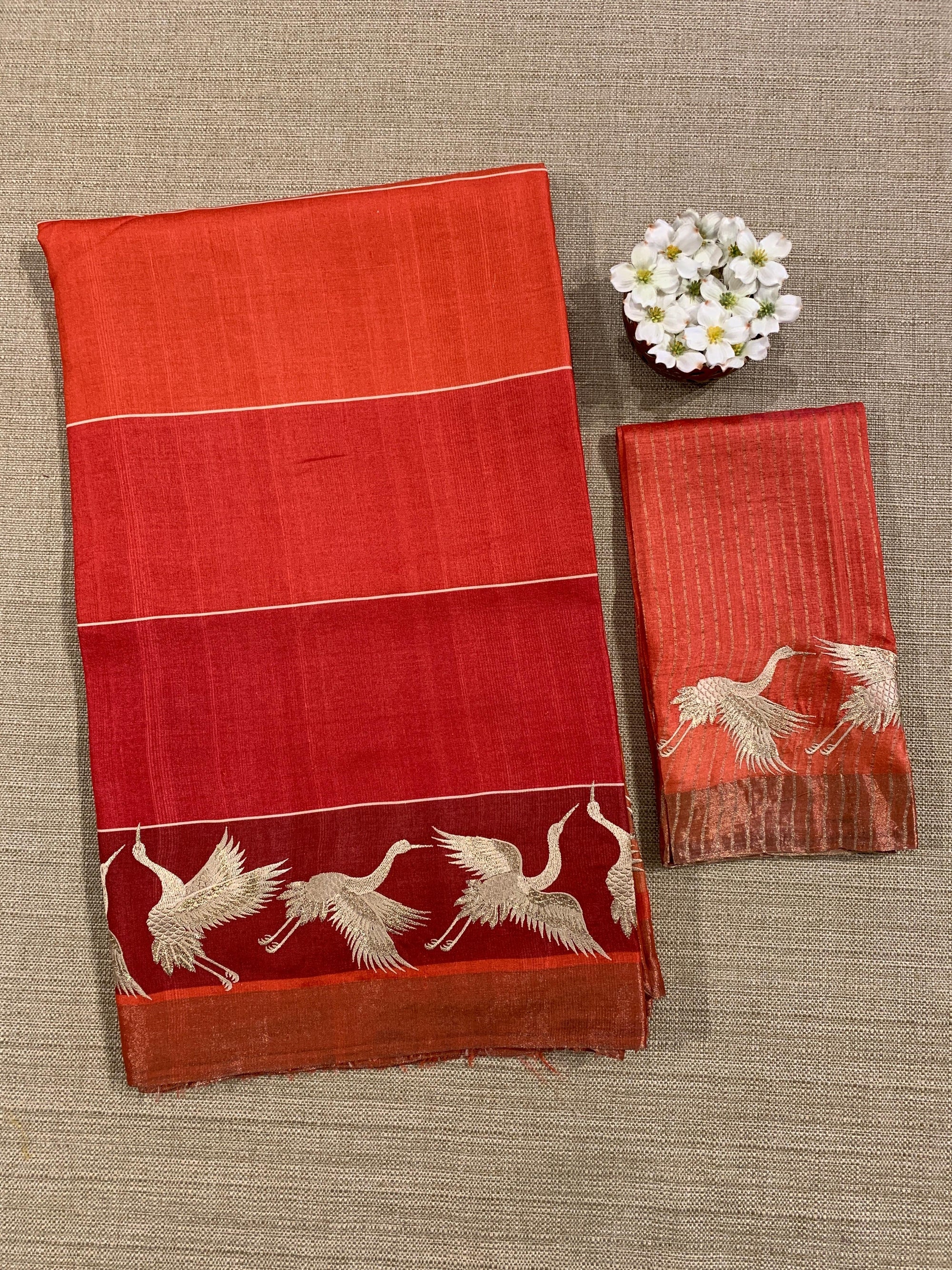 Tussar Rangkaat Saree With Crane Bird  Embroidered Border