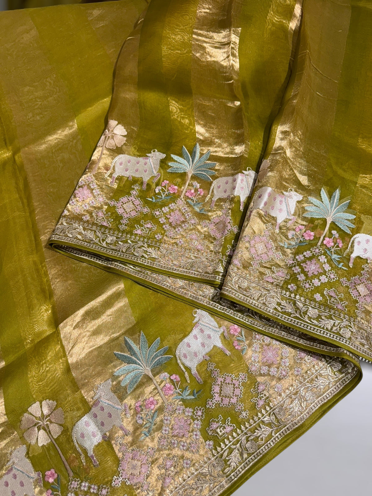 Moong Dal Green Kora Tissue Stripes Saree With Jamdani  & Pichwai embroidered Border