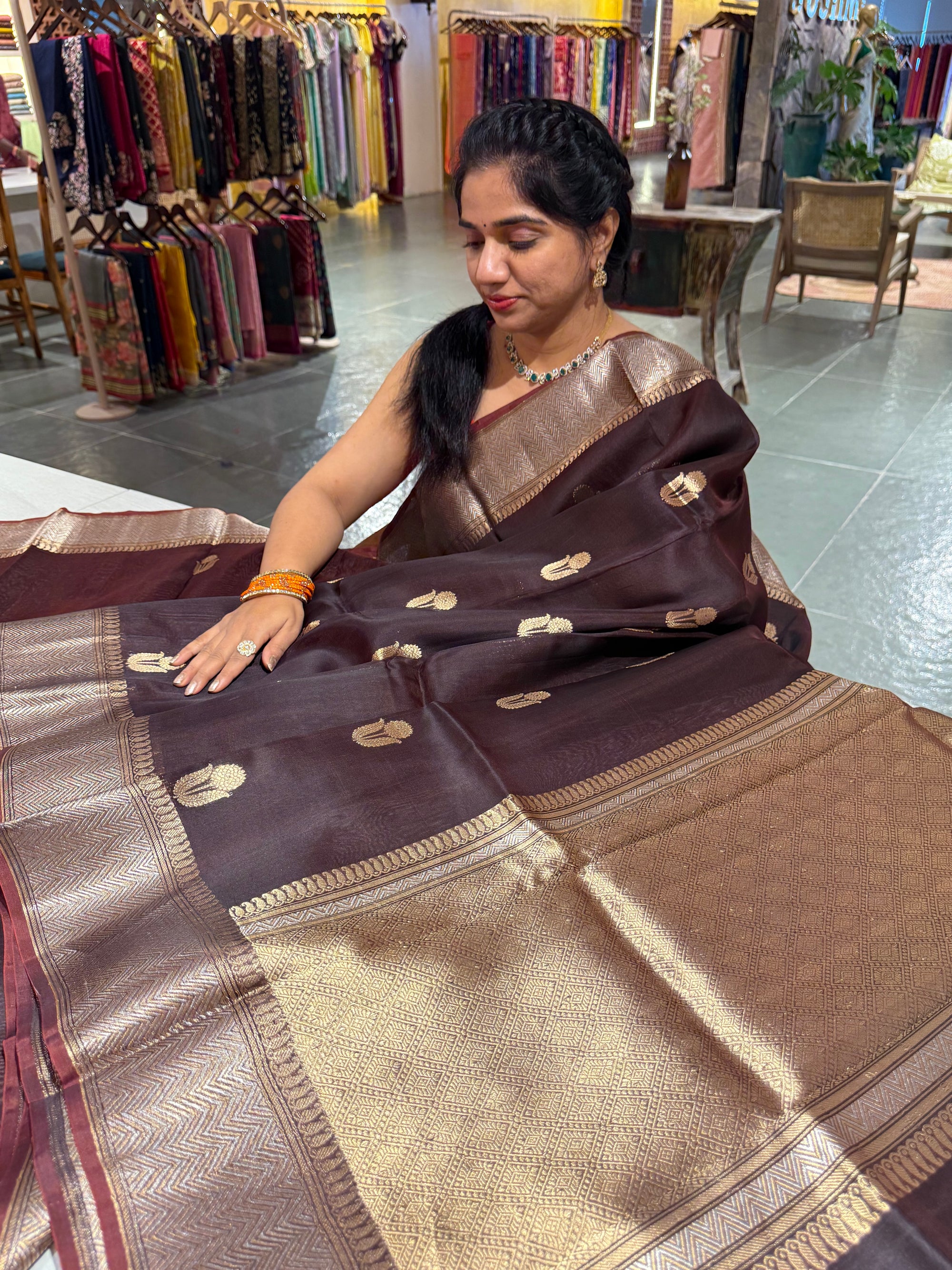 Dark Choclate Premium Kora Banarasi Saree with heavy weaving borders and Raw mango style motifs