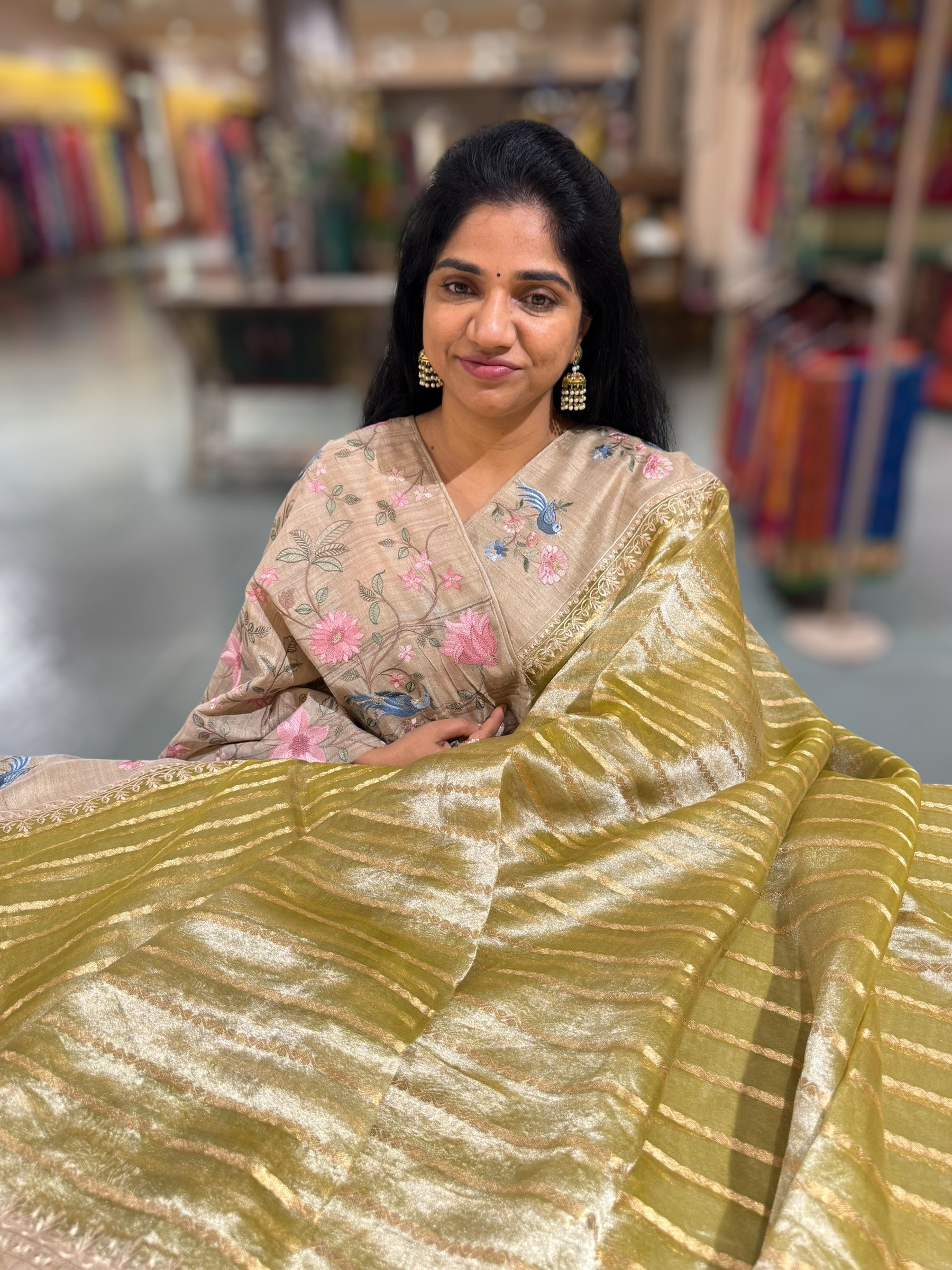 Lime Green Pure Handloom Tissue Saree with pure Tussar embroidered border