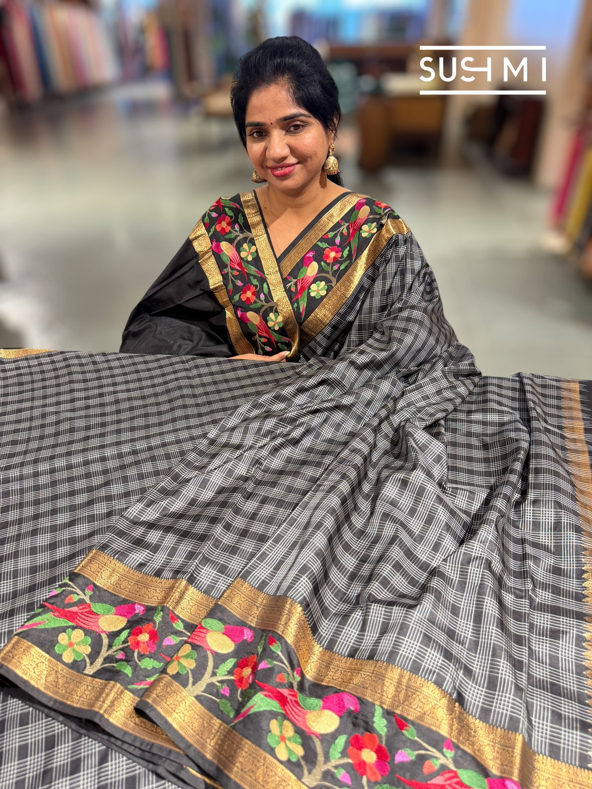 Black Vintage checks Kanjeevaram soft silk saree with embroidery D62F042