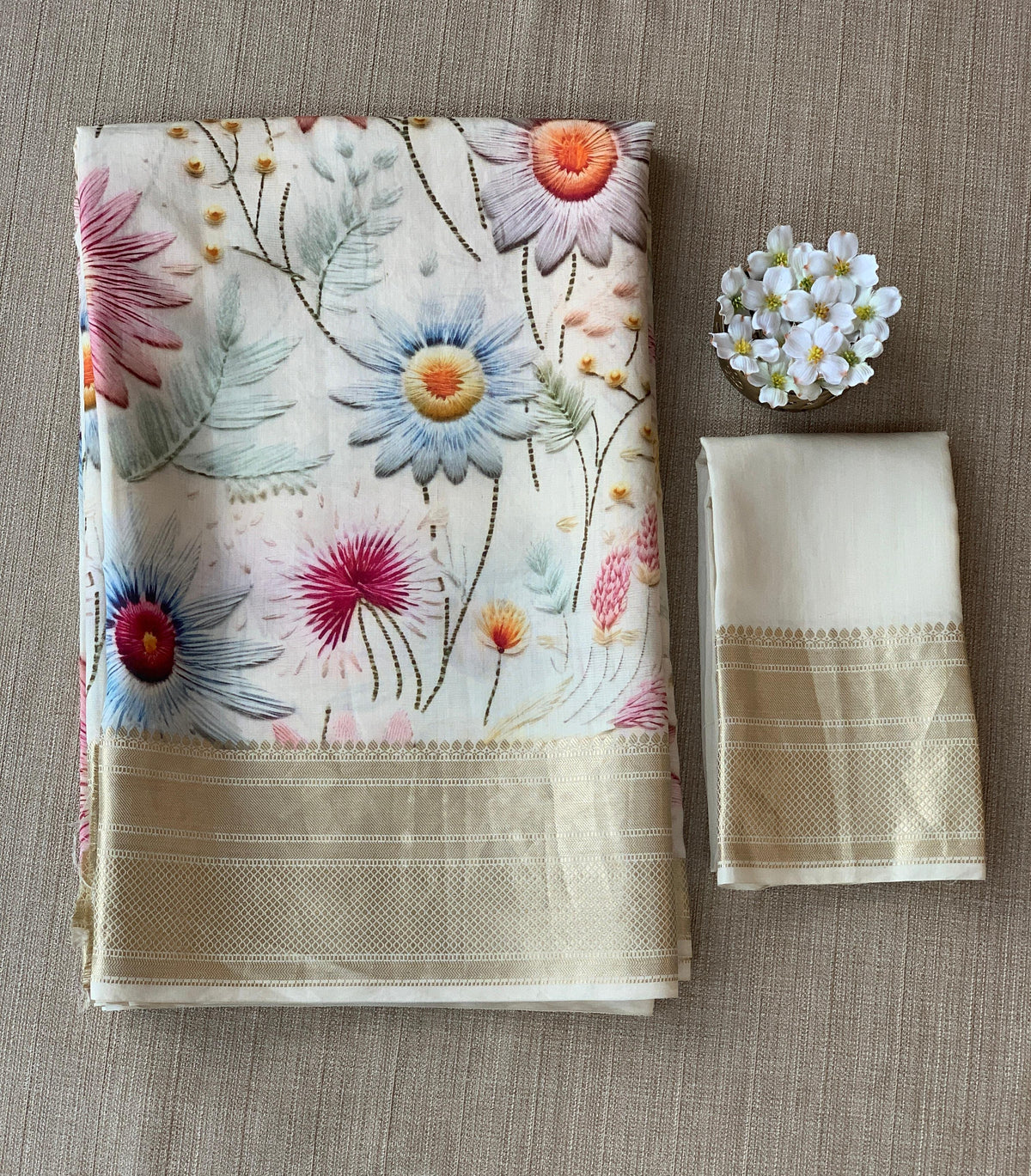 Ivory Pure Handloom Chiniya Silk Saree with stunning Floral Print and zari borders