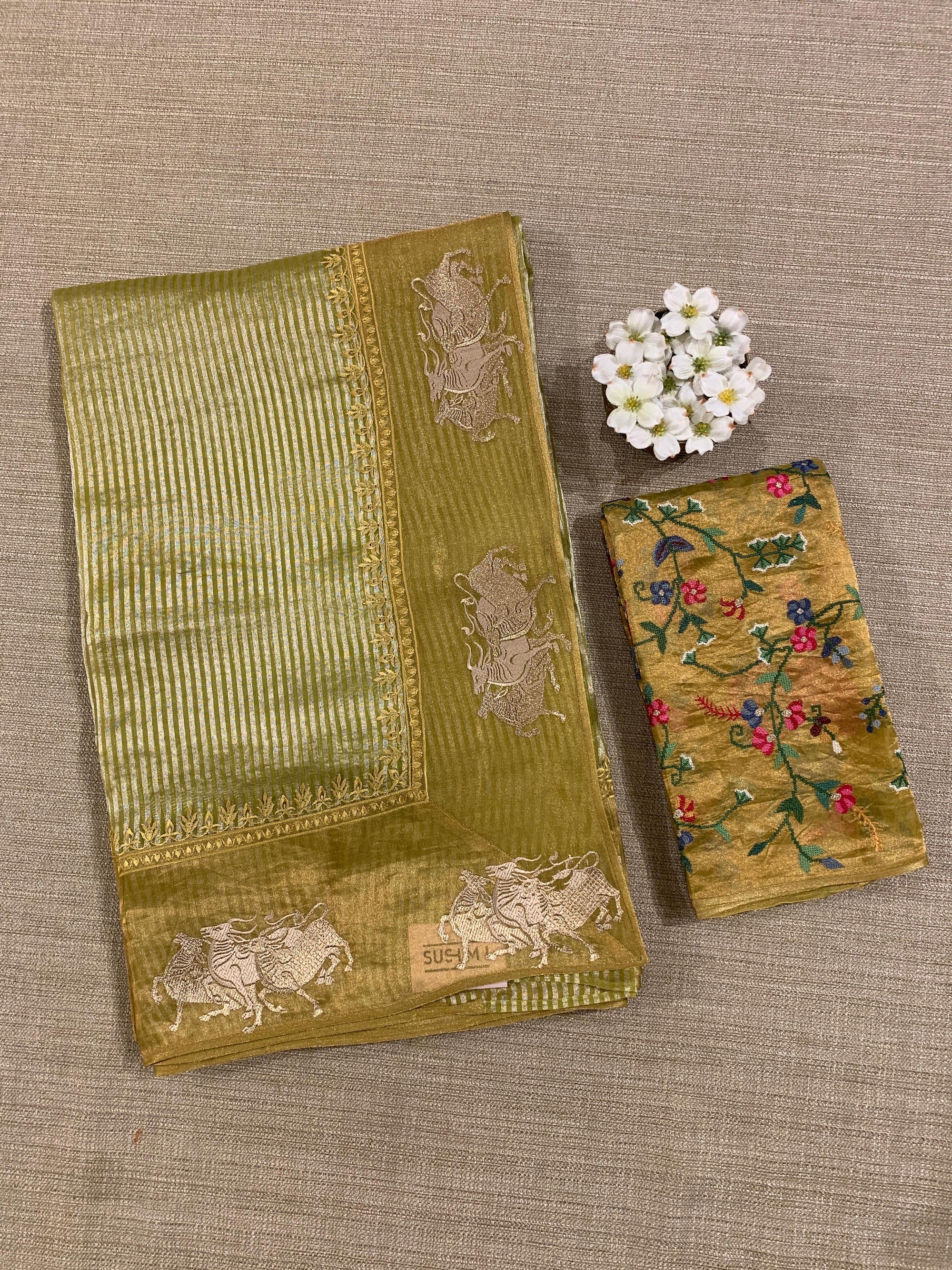 Lime Green Kora tissue stripes Saree with Nandi embroidered tissue border