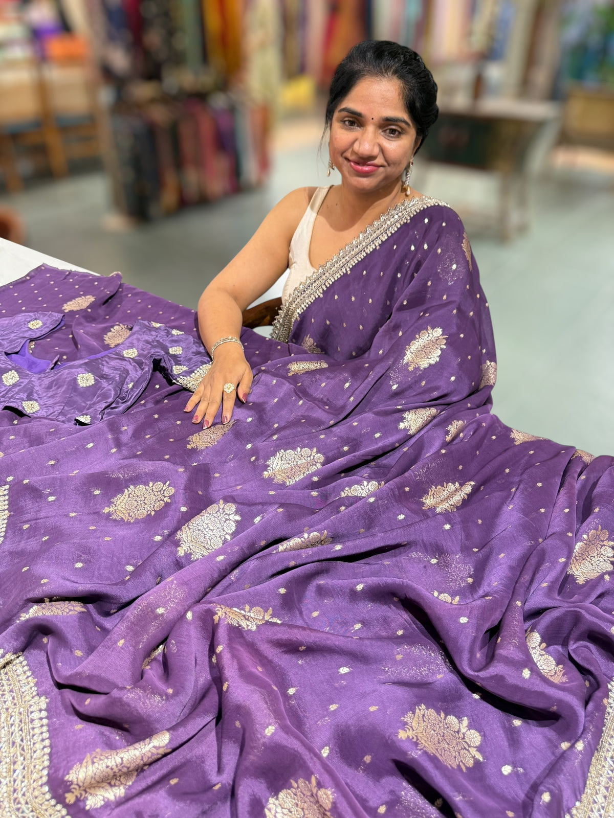 Violet Tissue Georgette Saree heavy handwork border paired with ready to wear blouse