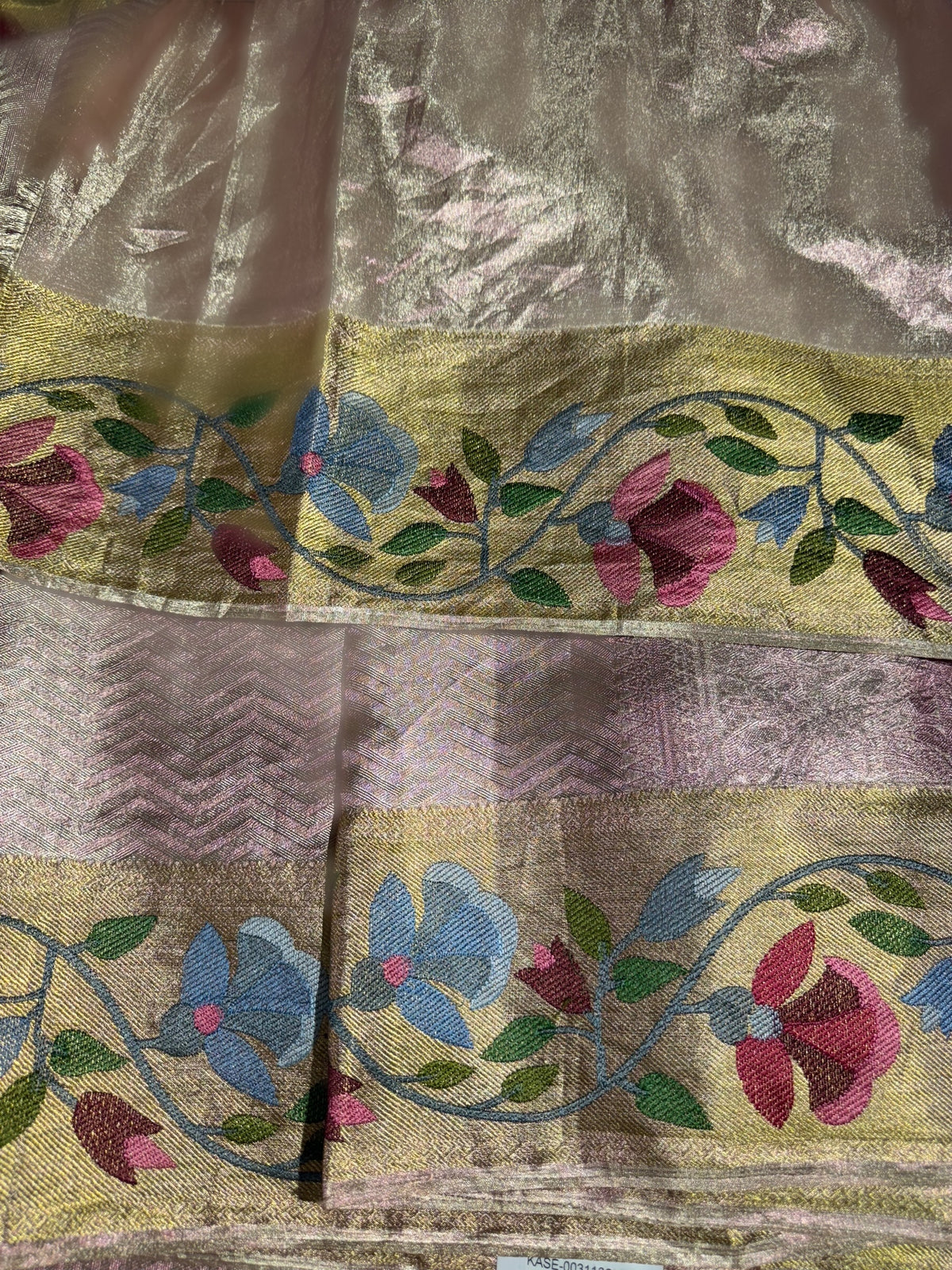 Light Rose Pink Kanchi Tissue Brocade Saree With jamdani inspired embroidery.