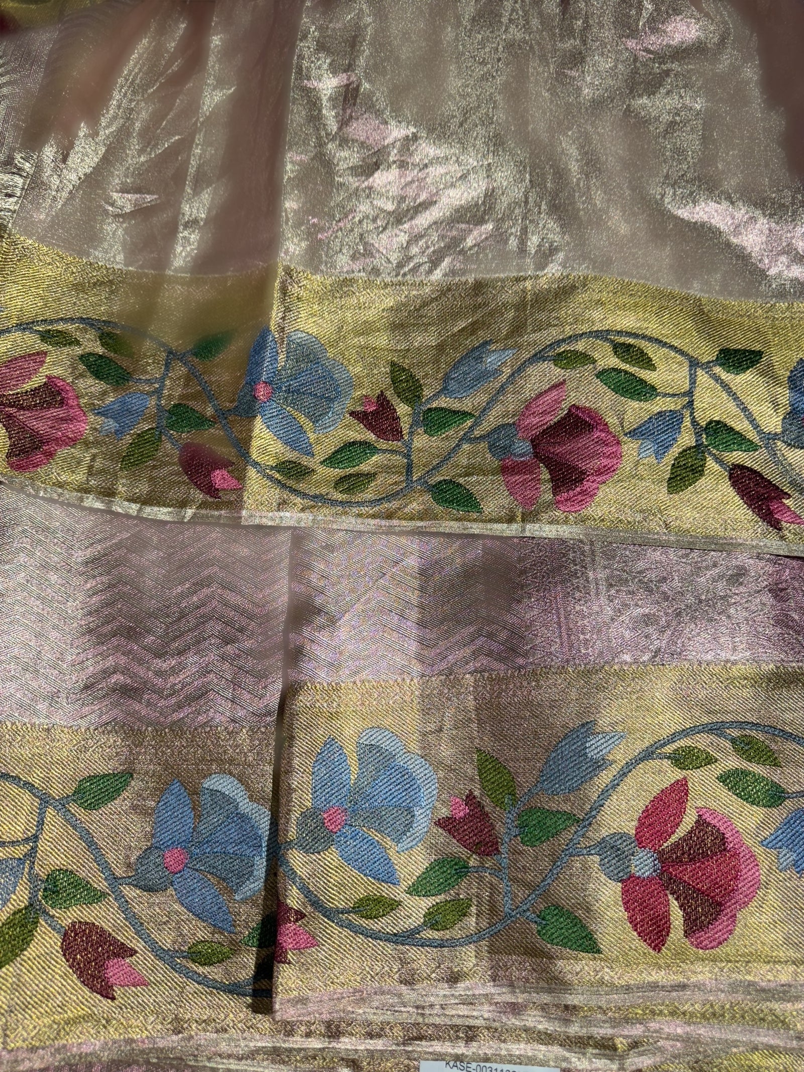 Light Rose Pink Kanchi Tissue Brocade Saree With jamdani inspired embroidery.