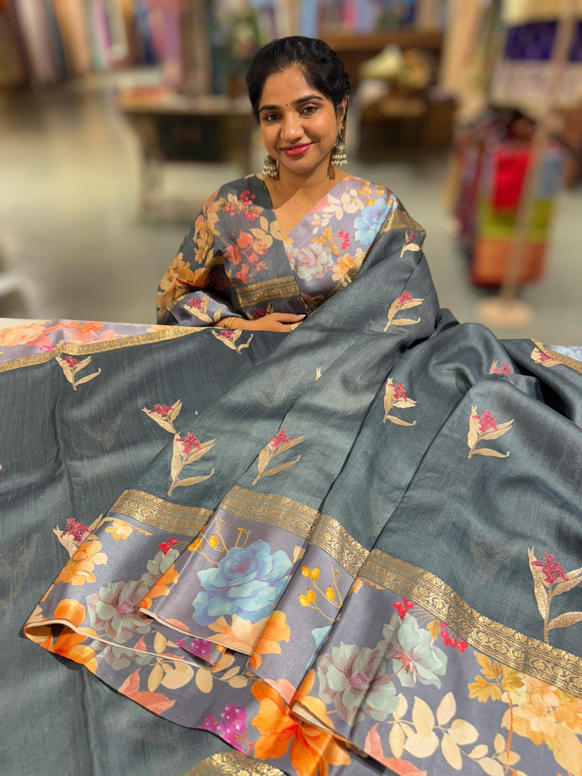 Elephant Grey Tussar Dhupion Saree with Floral printed mashru borders