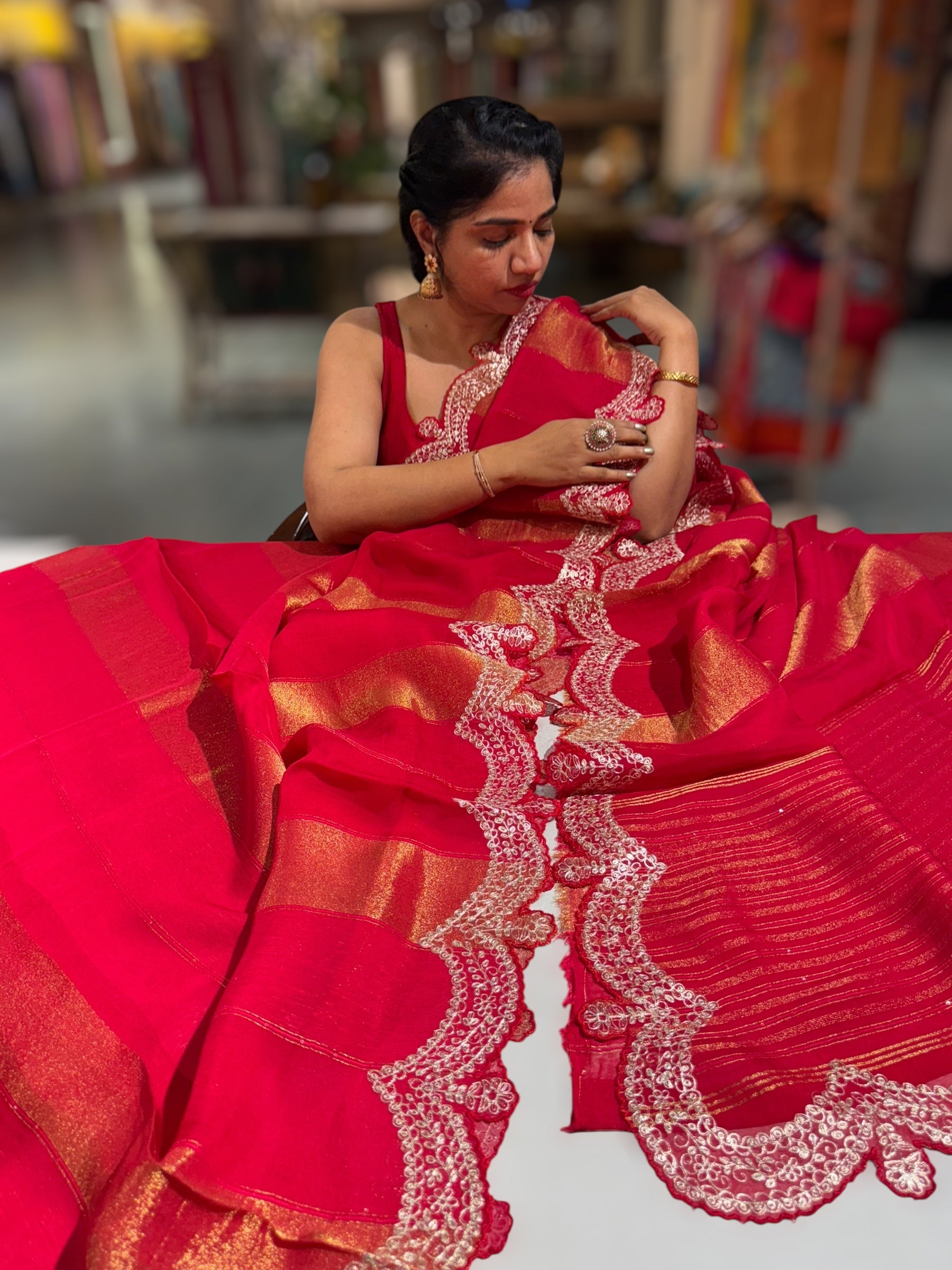 Red Organza and Tissue stripes Saree with Pita Embroidery