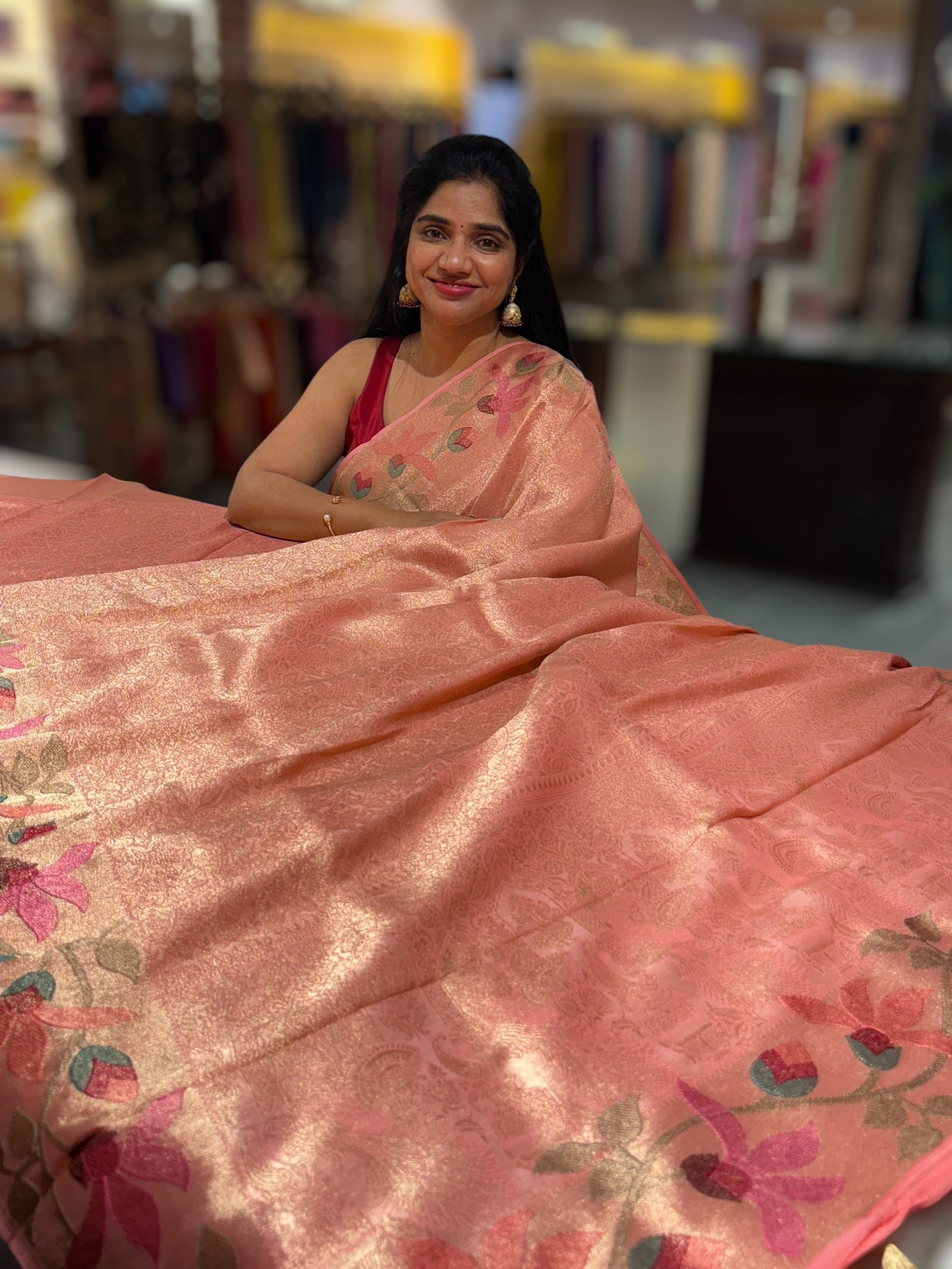 Peach Pink Banarasi Brocade tissue saree with tonchui style weaving & pythani inspired embroidered border