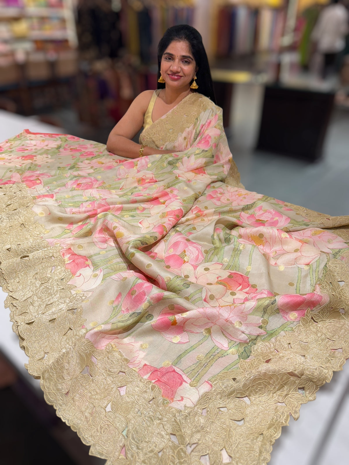 Earthy Tone Banarasi Munga Printed Tussar Khaddi With Tissue cutwork Rose Border