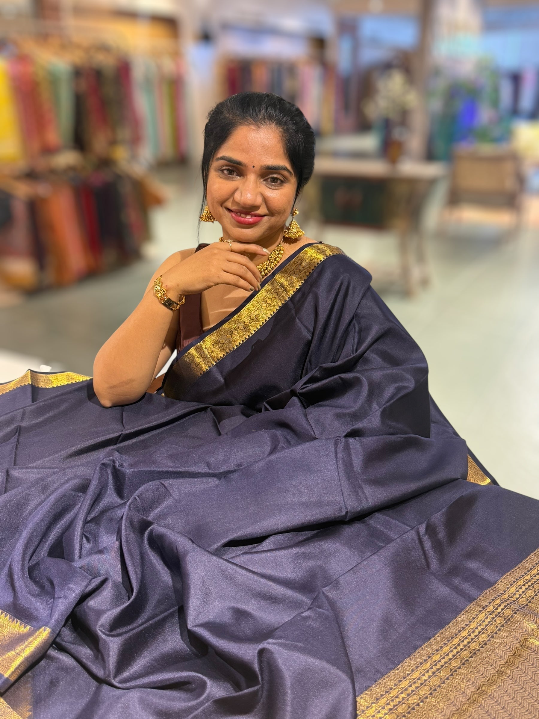 Midnight Blue Kanchi Vintage Saree with Petite Point Embroidered Blouse