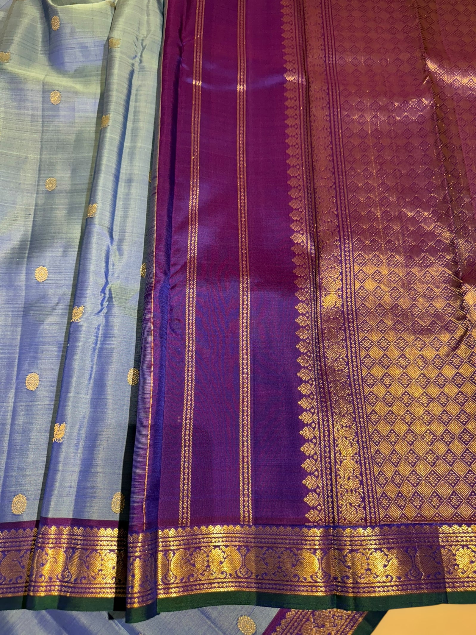 Bluish Lilac & Majenta Combo Vintage Kanjeevaram Saree with Green selvedge