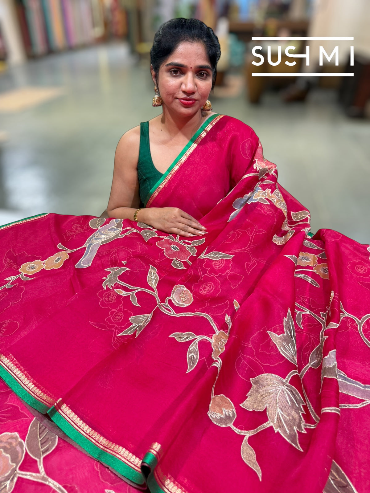 Ruby Pink Designer Organza with Tissue applique work : S62F093