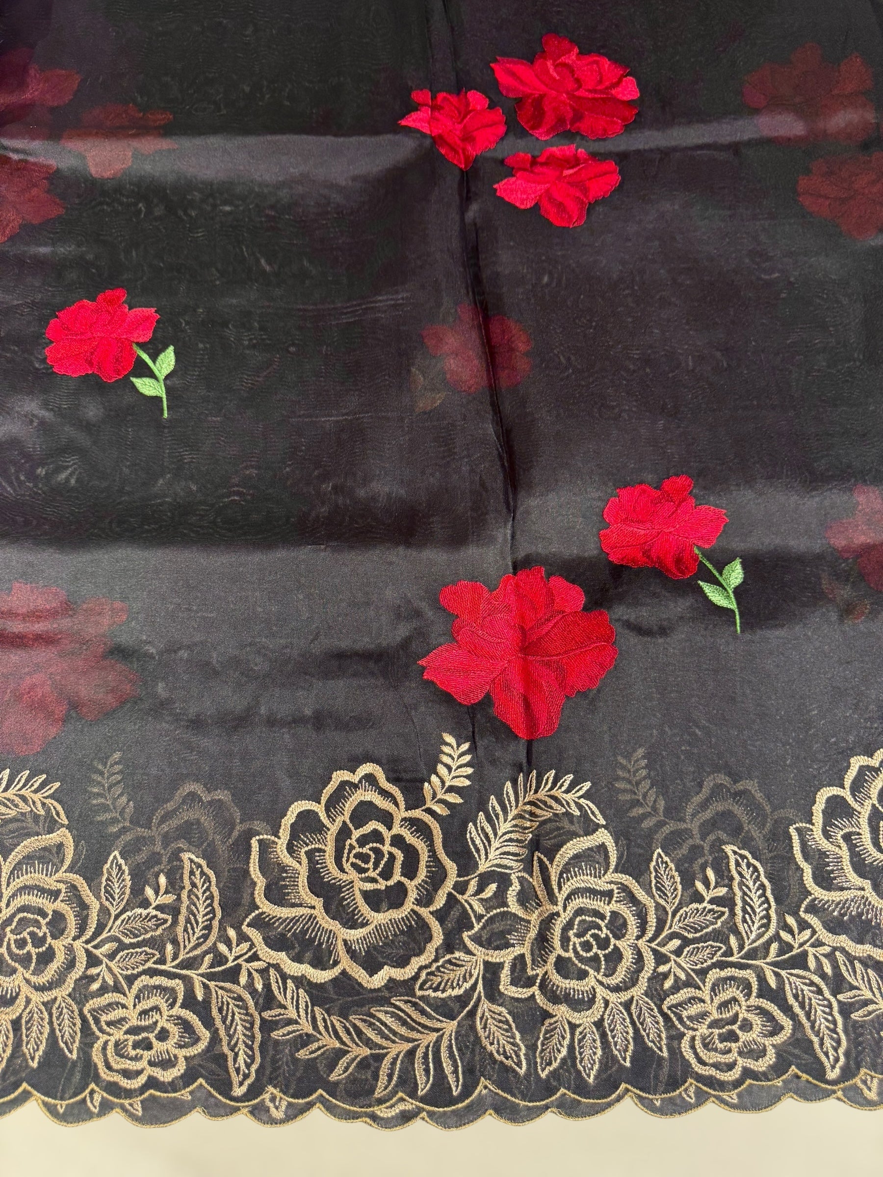 Black Organza Saree with stunning outline floral embroidered cytwork border and red hibuscus flowers allover