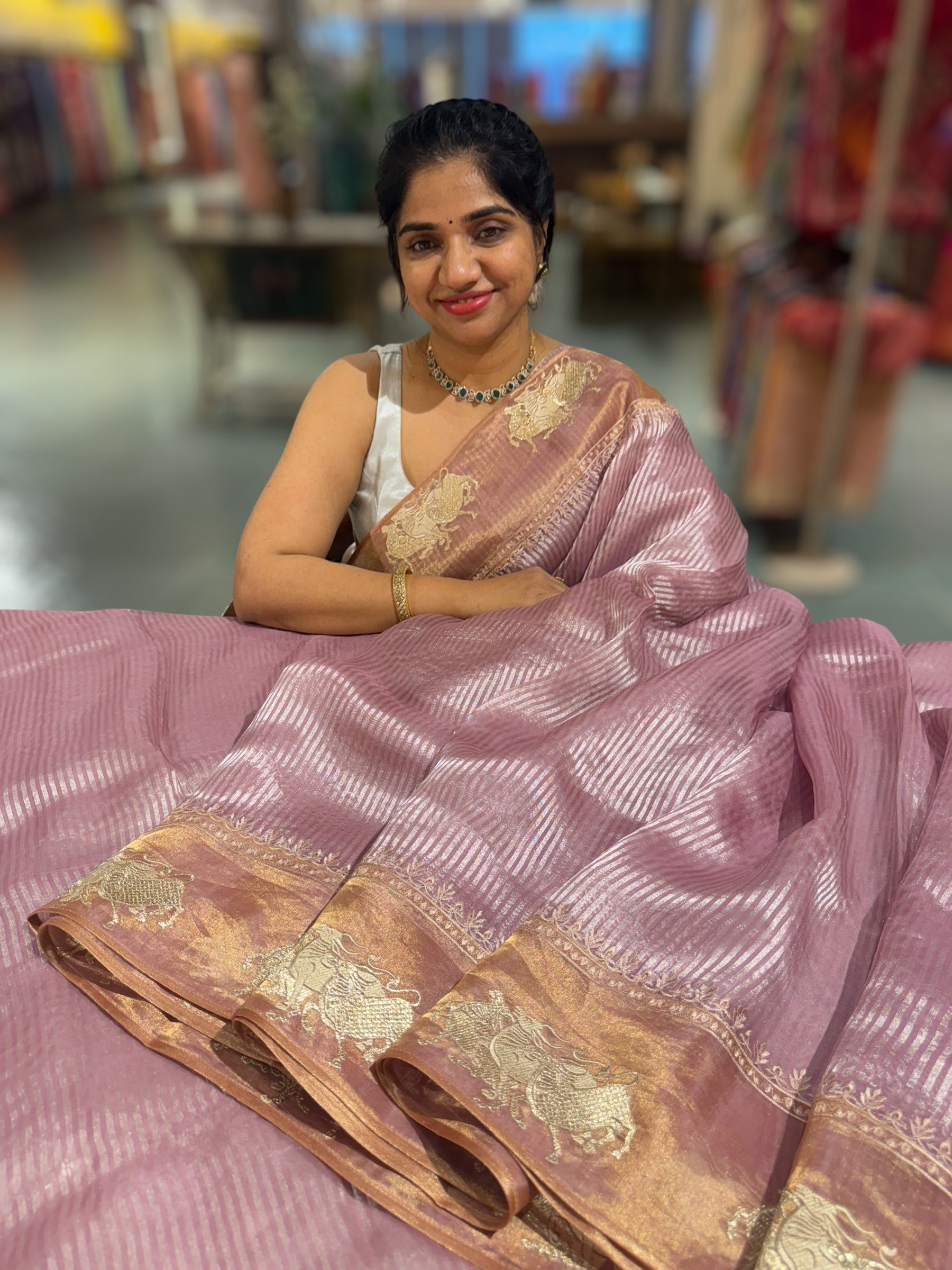Lilac Kora tissue stripes Saree with Nandi embroidered tissue border