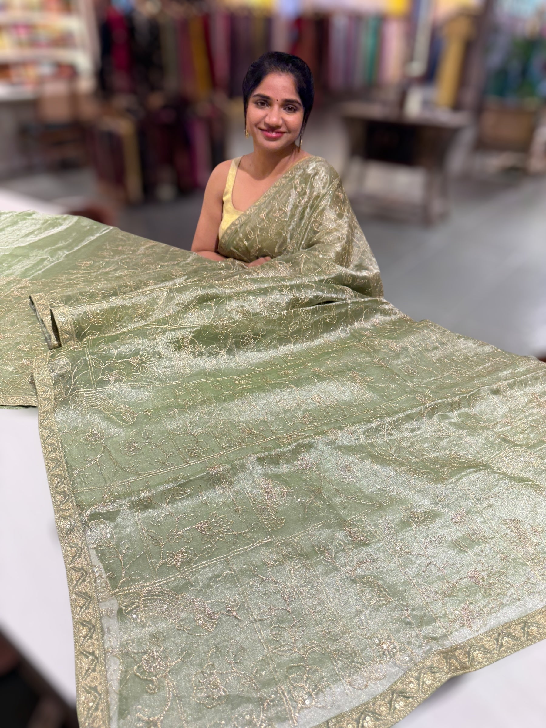 Light olive Tissue saree with Allover zari embroidery hemlined with sabyasachi borders & paired with pen kalamkari blouse