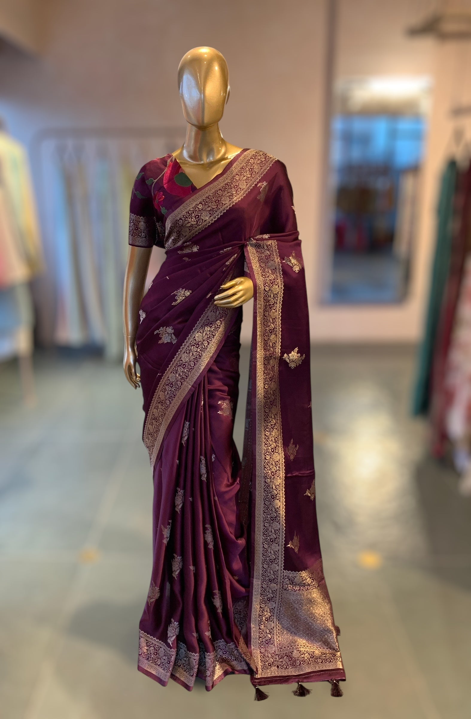 Wine Mashru Silk Saree with Paithani inspired embroidered blouse