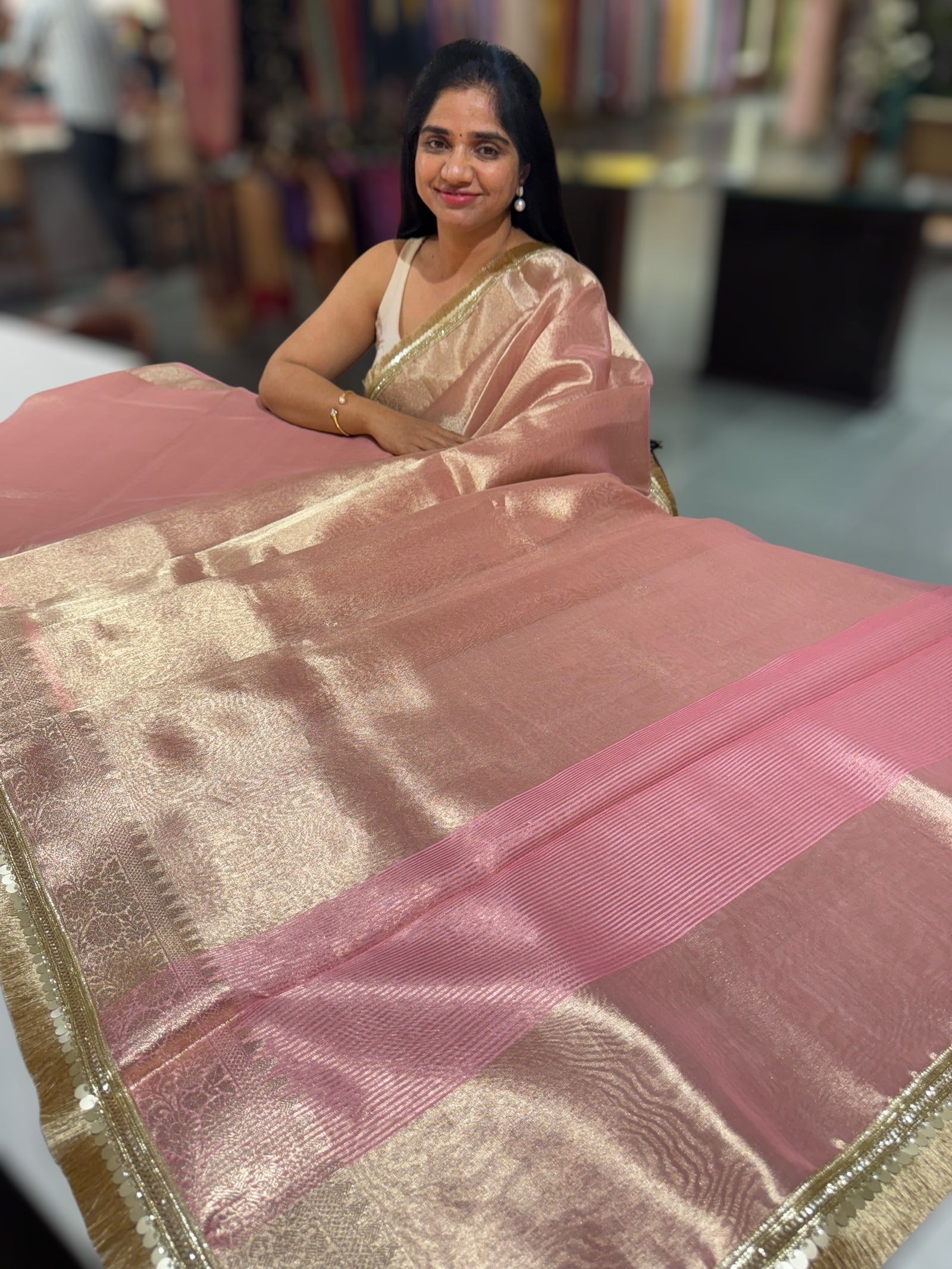 Pink banarasi tissue saree with kiran lace