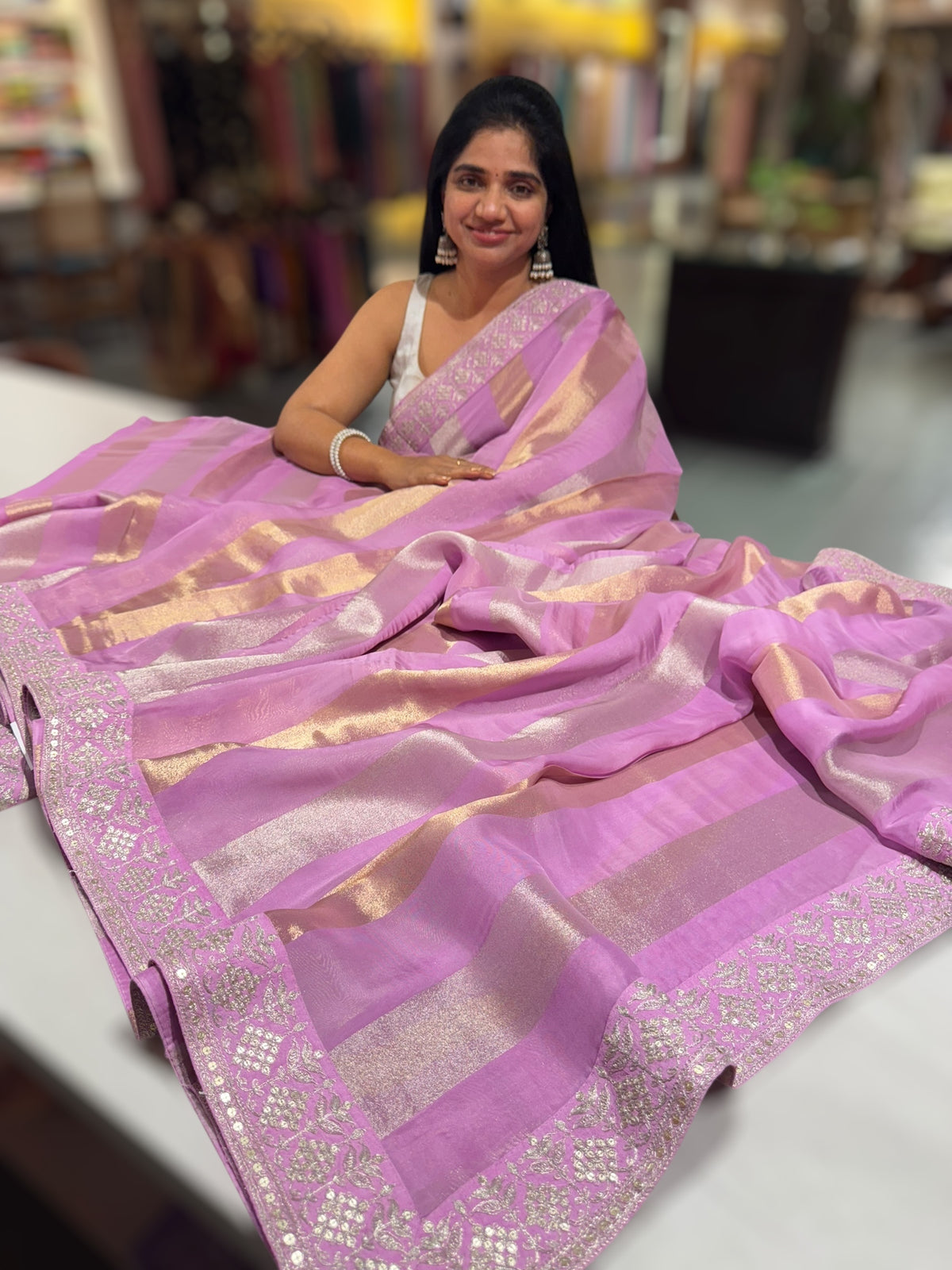 Lilac Pink kora tissue stripes saree