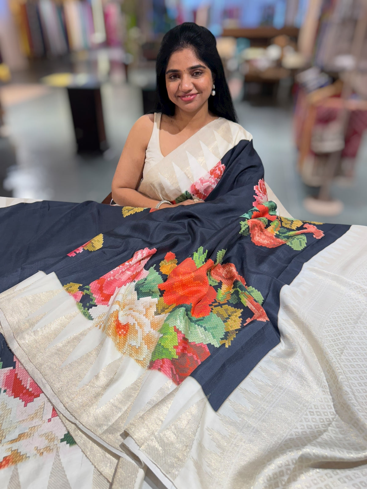 Kanchi soft silk Designer printed saree with temple border