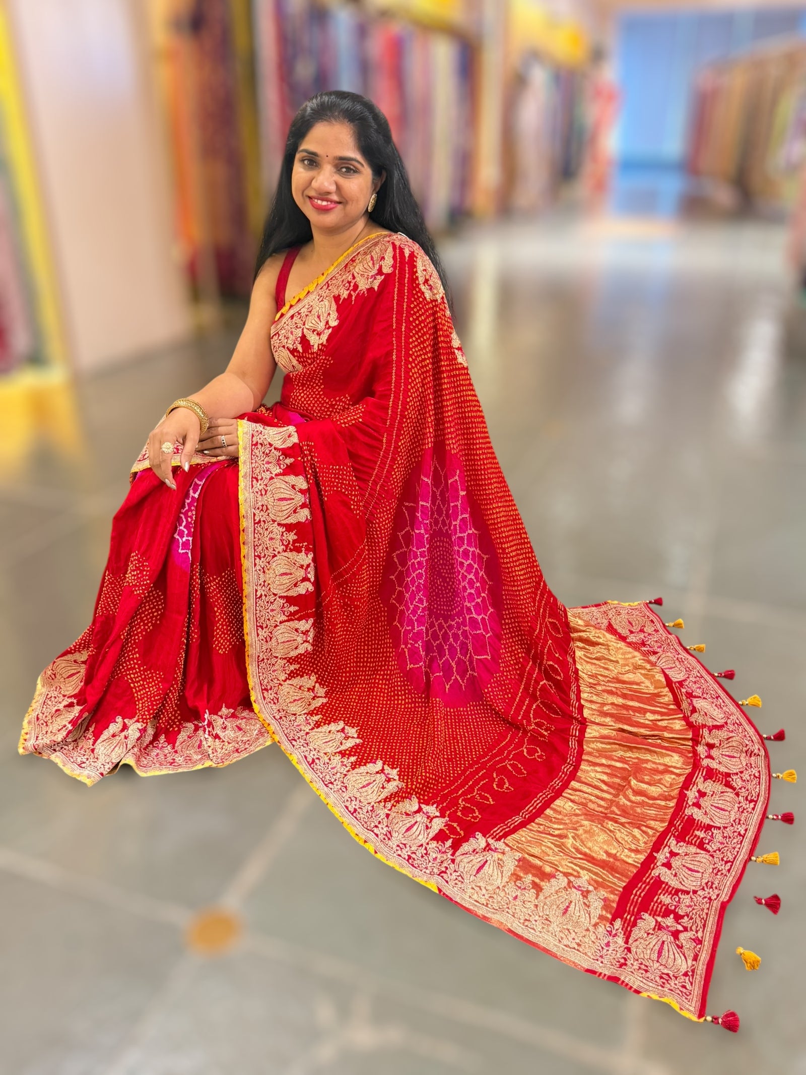 Red Rai bandhej Saree With Embroidered Border