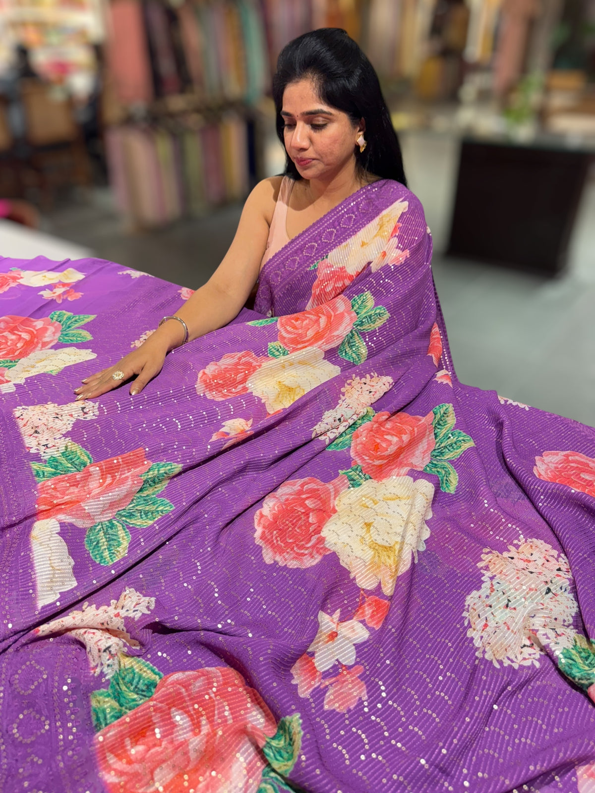 Purple georgette sequence saree with statement floral print