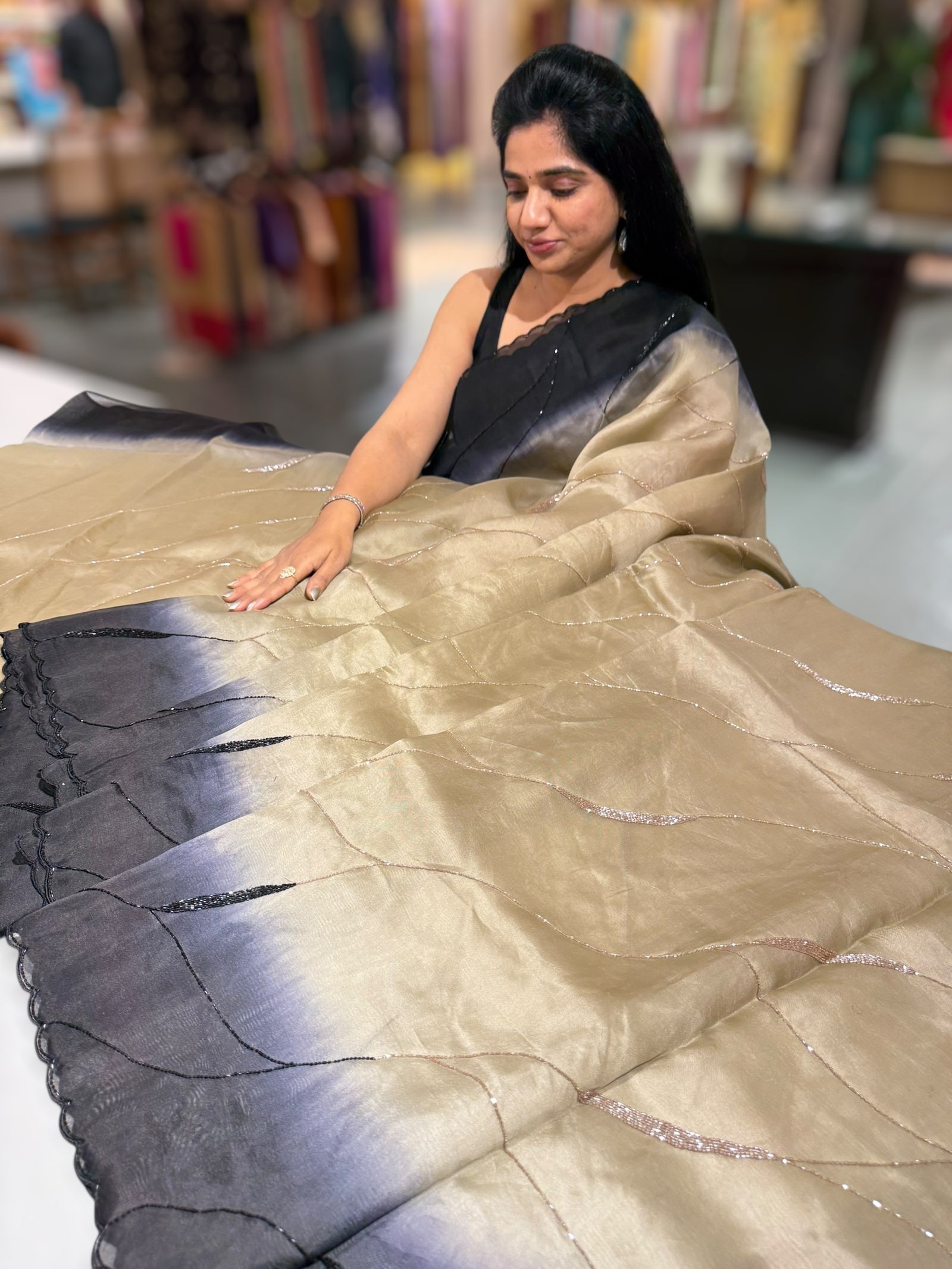 Chickoo & Black Ombre Dyed Pure Organza handwork saree