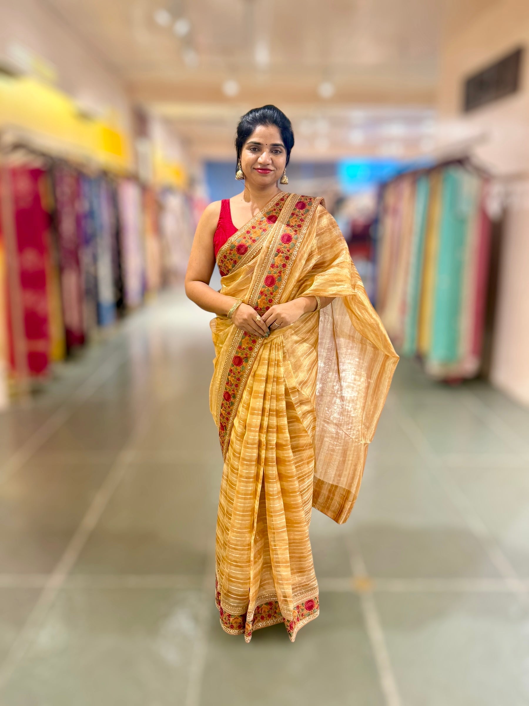 Light Orange Kora Tissue Stripes Saree with Sabhyasachi Style Embroidered Borders & Blouse