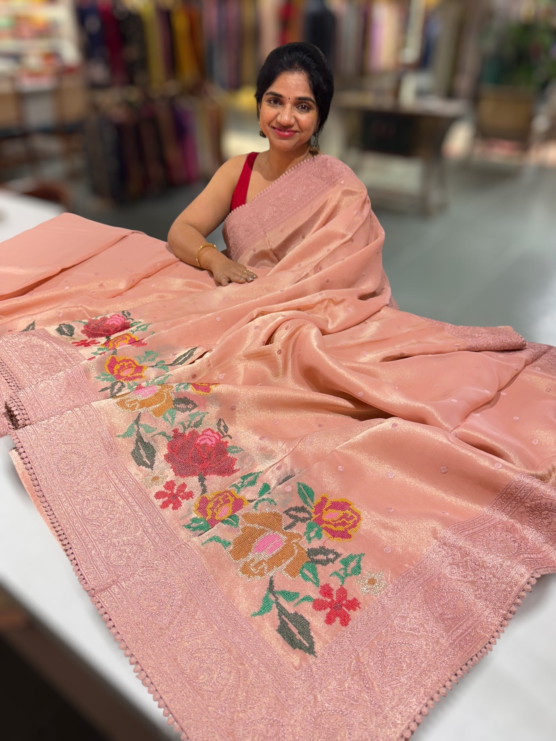 Dhaara : Peach Pink Tissue Gorgette Saree