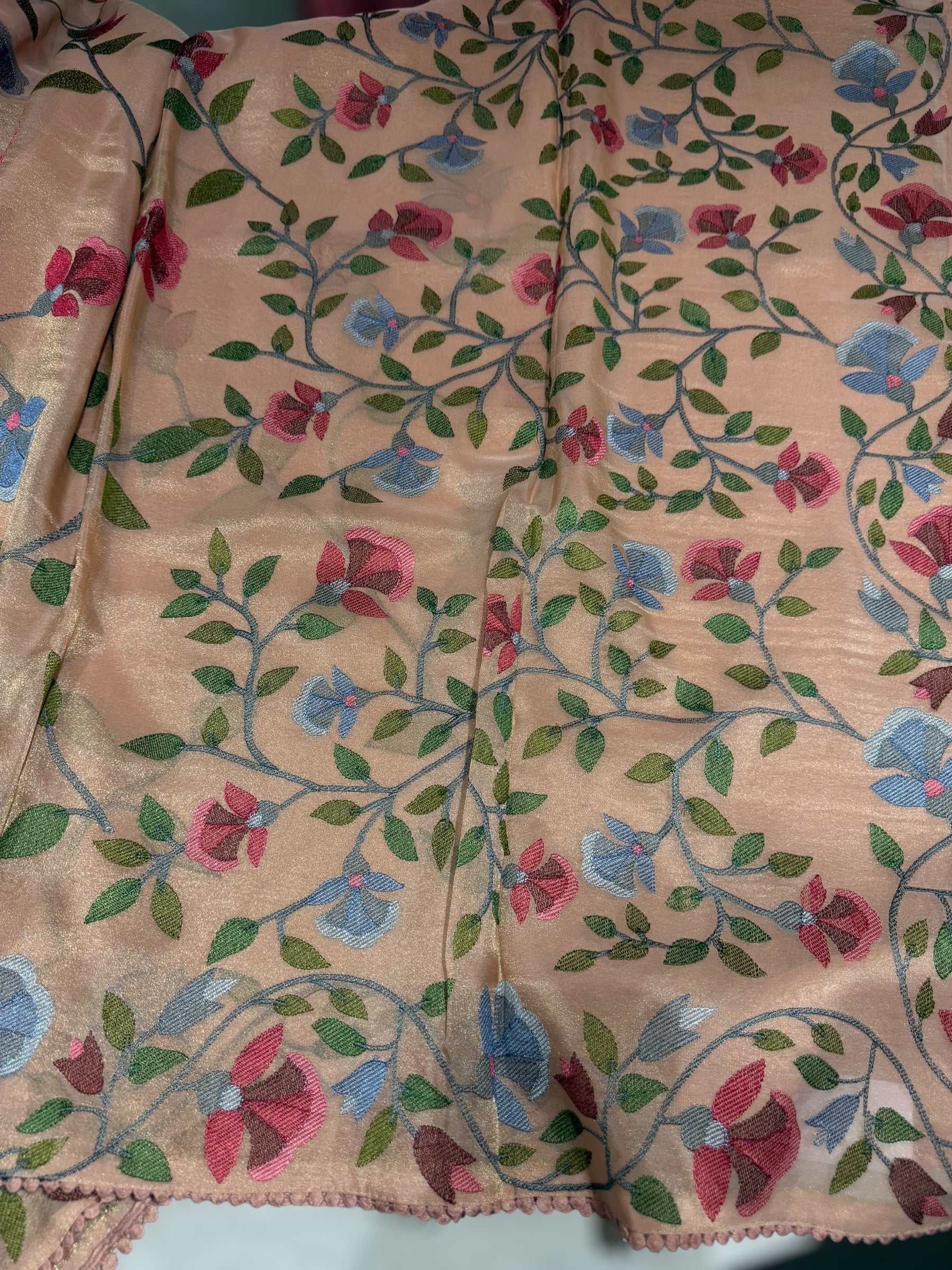 Peach Tissue georgette saree with allover jamdani inspired embroidery