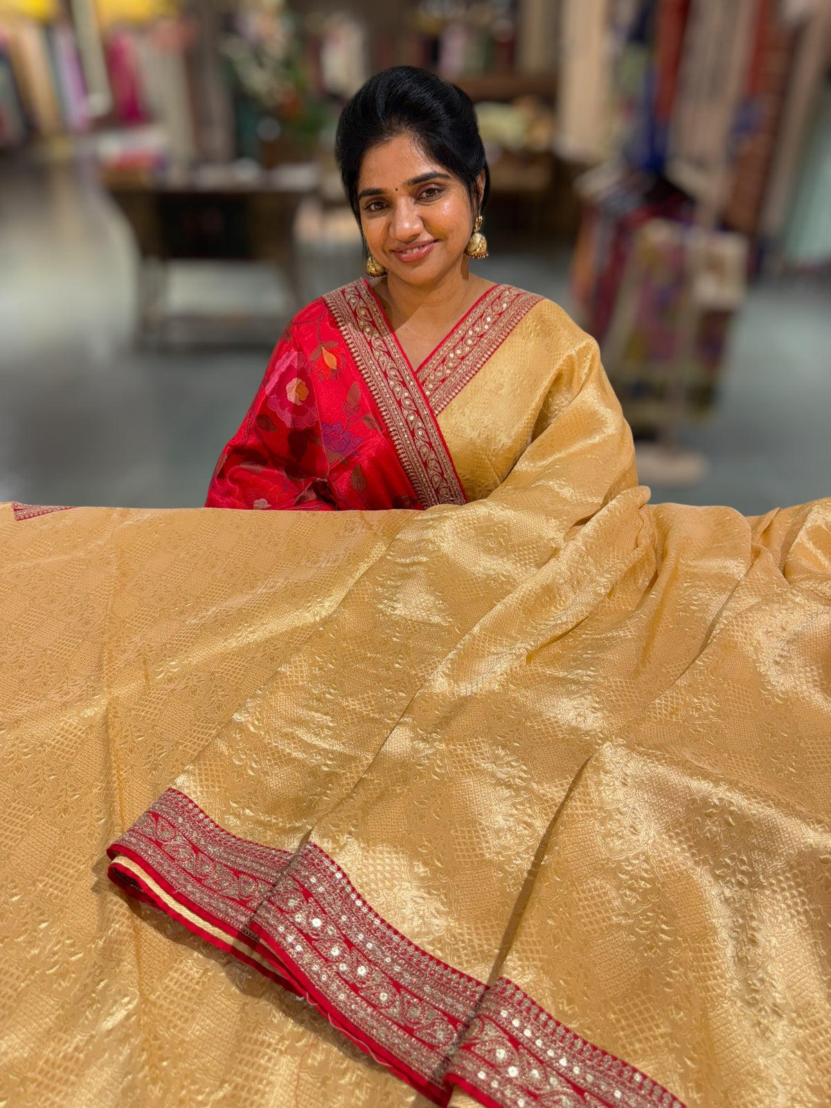 Peach & Reddish Pink Combo Banarasi Tissue Brocade saree