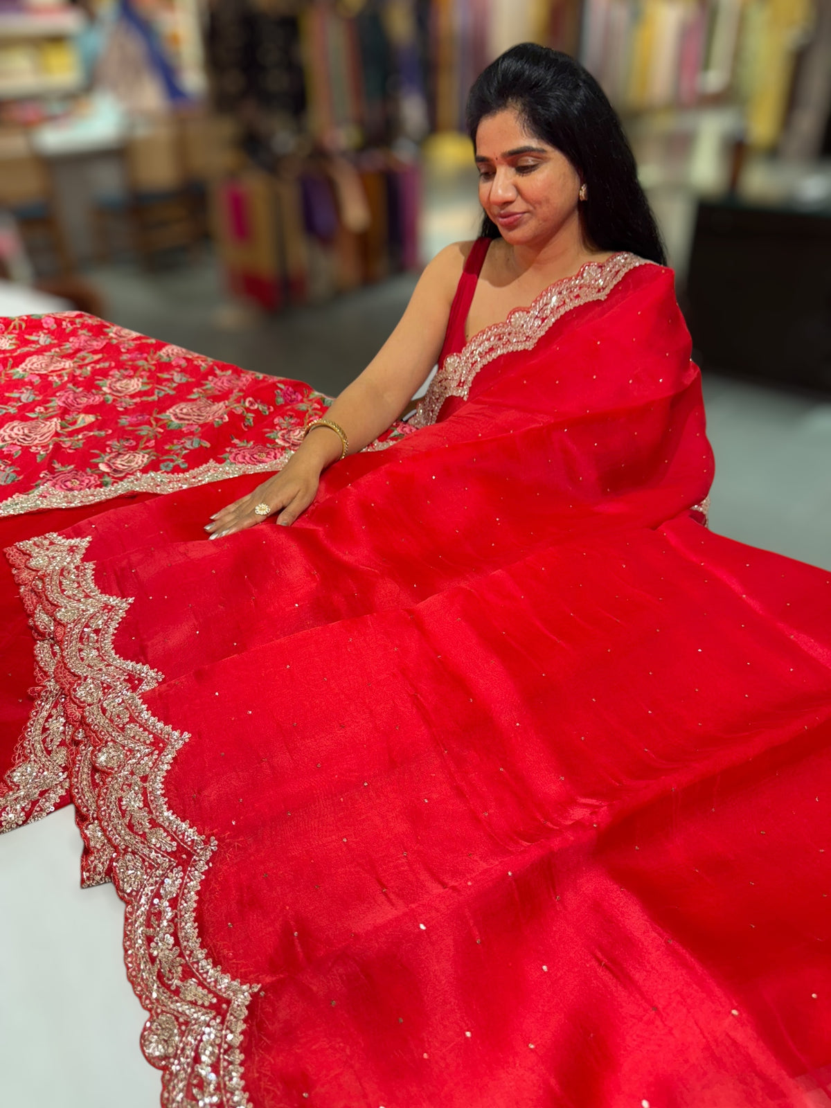 Chilli Red Pure Organza Handwork Saree with heavy Designer Blouse