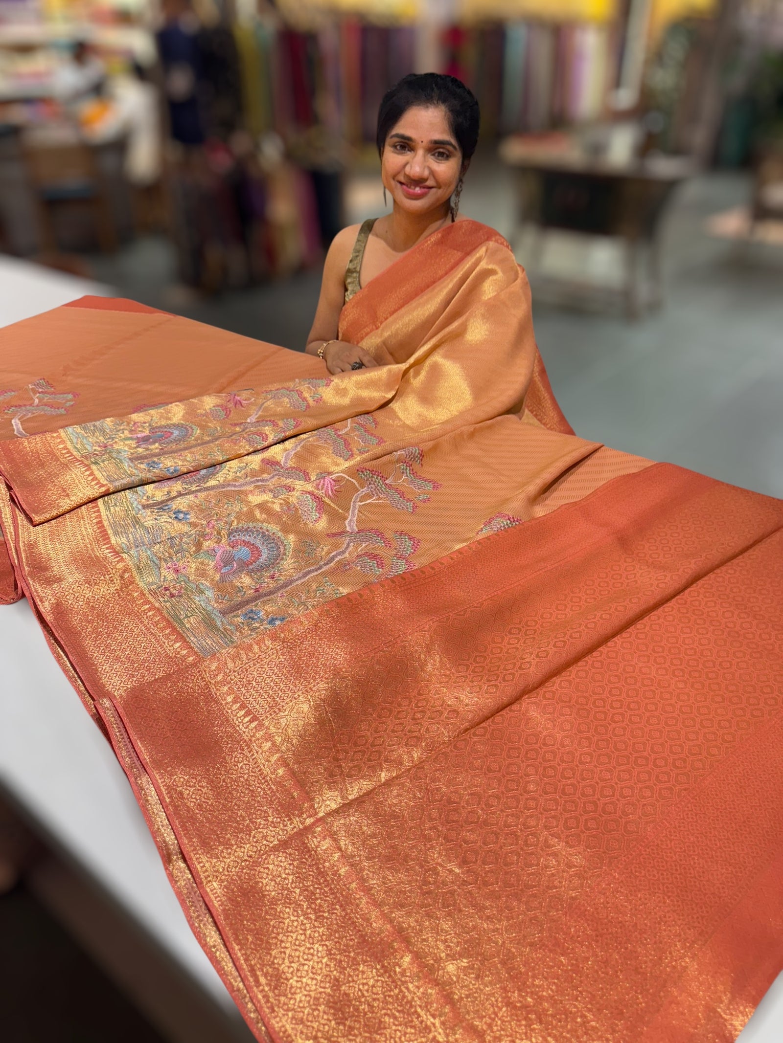 Rust Orange Banarasi Tonchoi Brocade Saree with Parsi Gara style embroidery