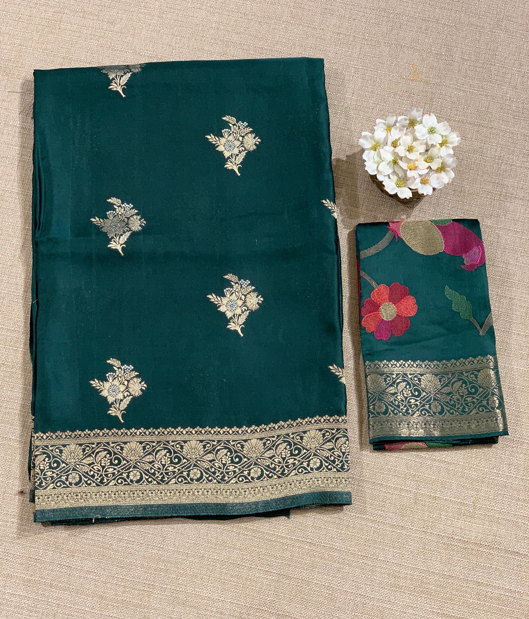 Forest Green Mashru Silk Saree with Paithani inspired embroidered blouse
