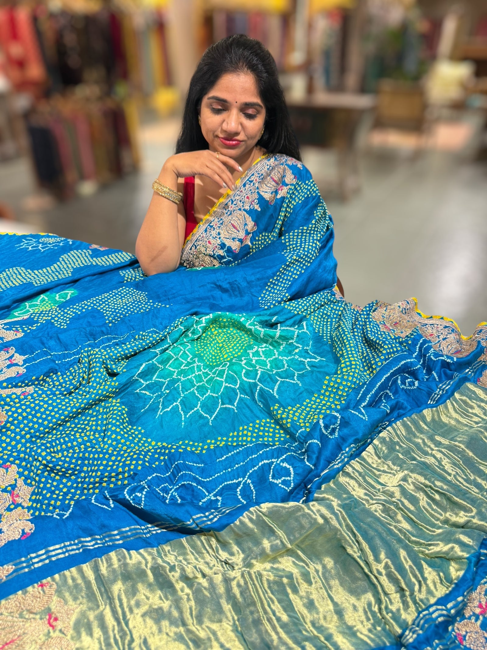 Copper Sulphate Blue Designer Rai Bandhej Saree With Embroidered Border