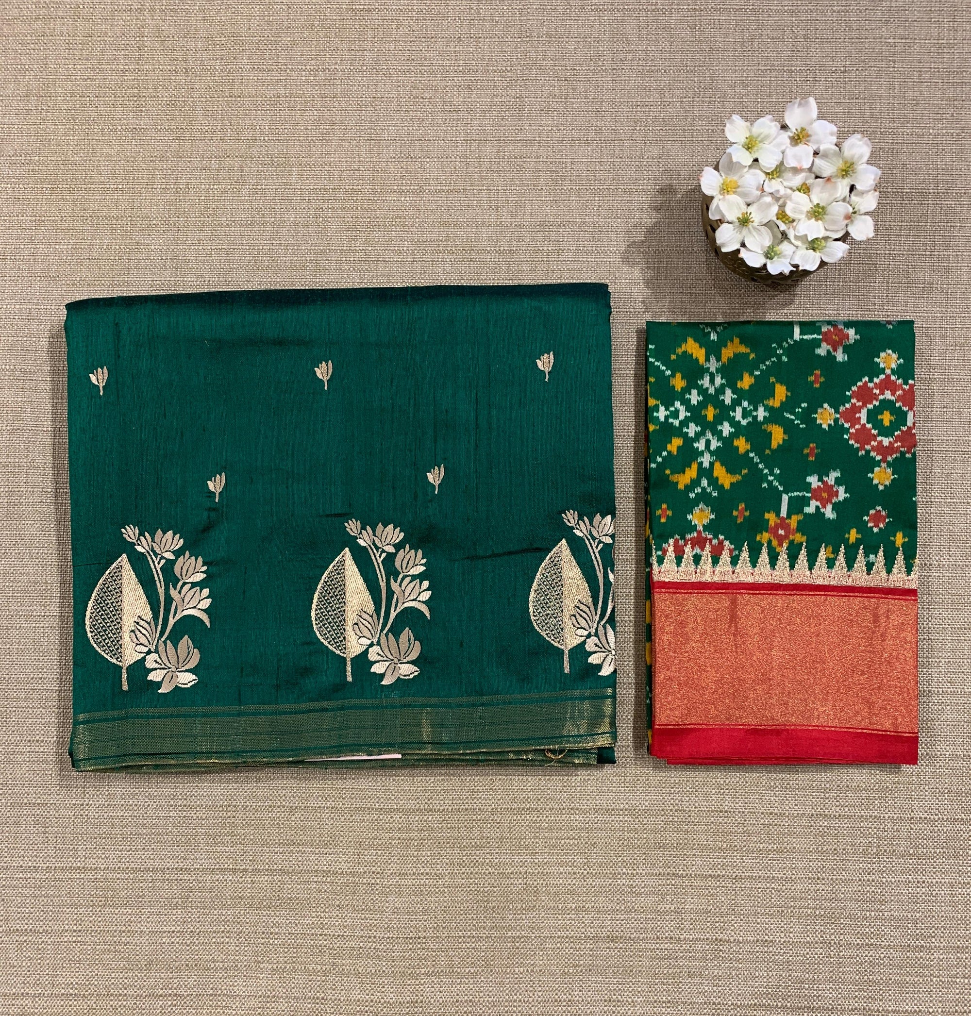 Bottle Green Pure Handloom Raw Silk Saree