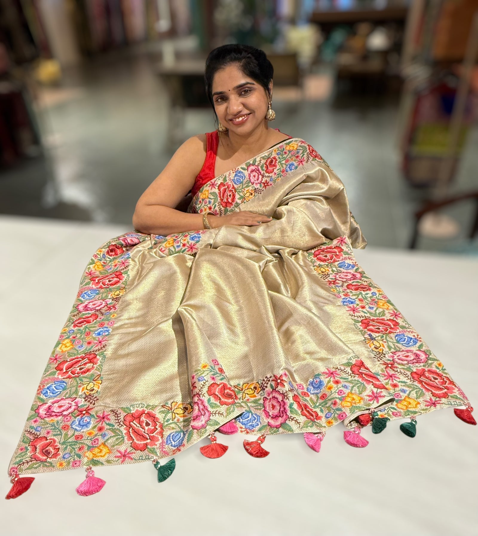 Beigish Taupe Green Kanchi Brocade Tissue Saree with Petite Point Embroidered Border