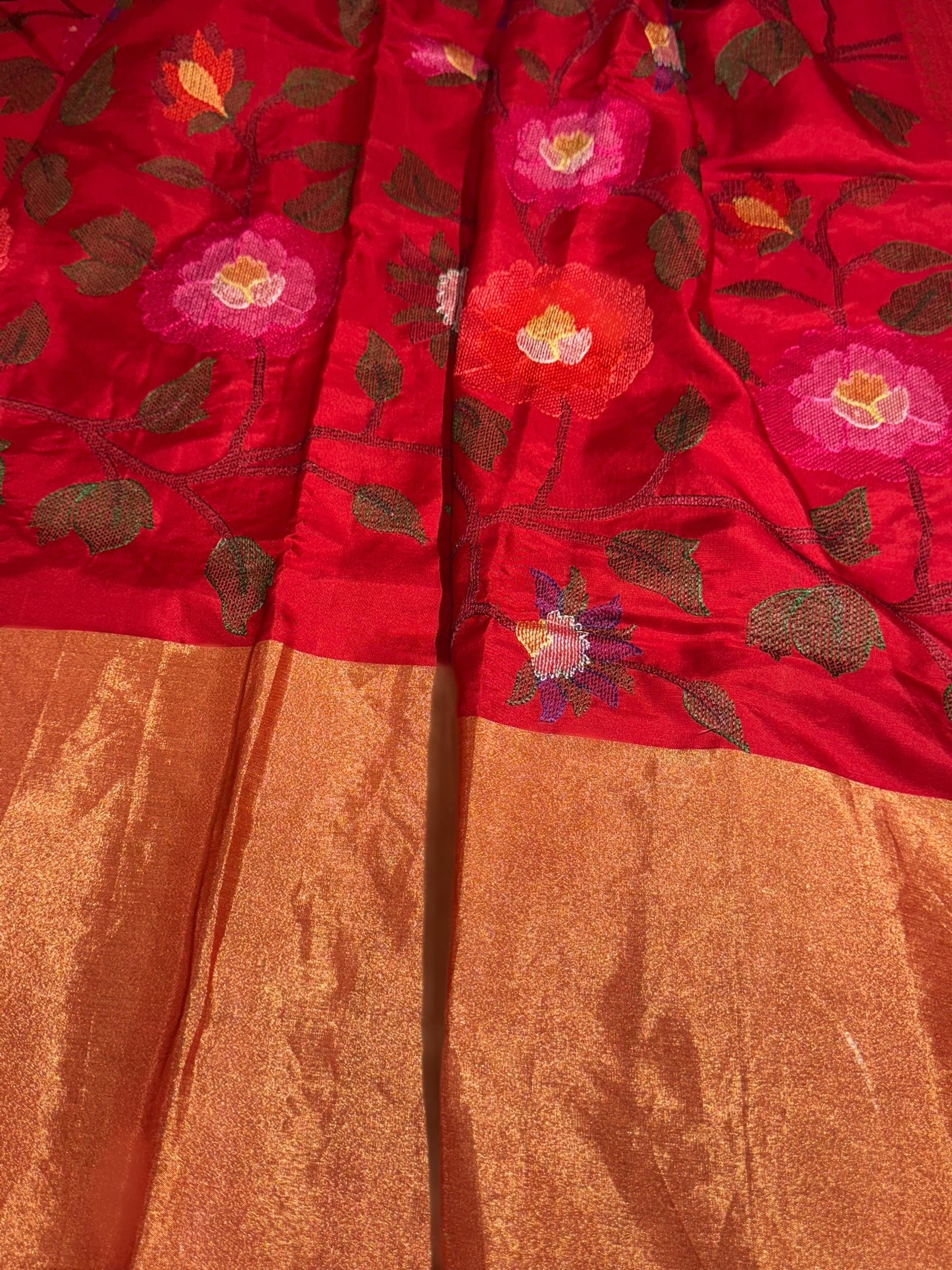 Chilli Red Kanchi Soft Silk Saree with allover jamdani inspired embroidery