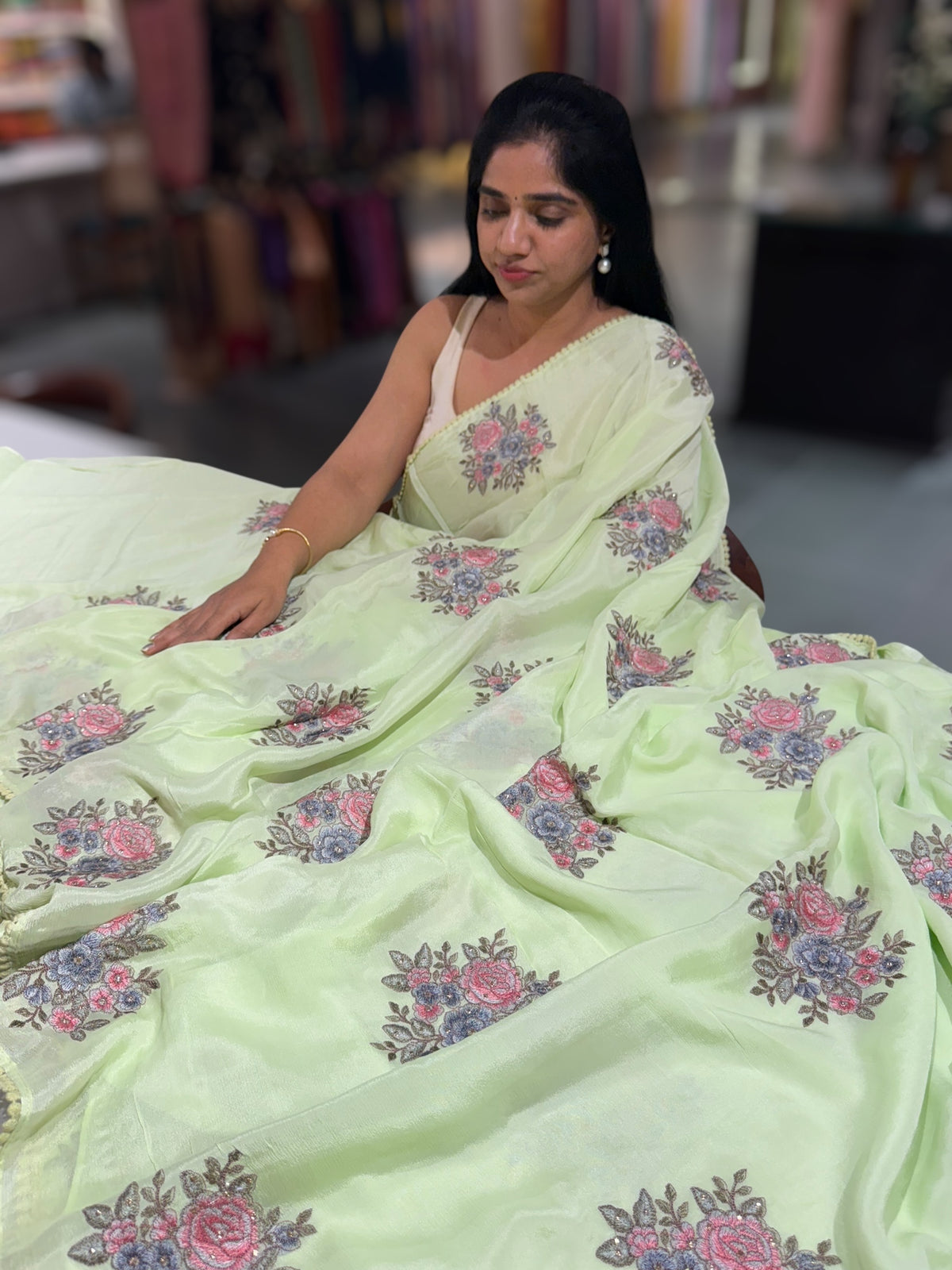 Apple Green chinnon with embroidery