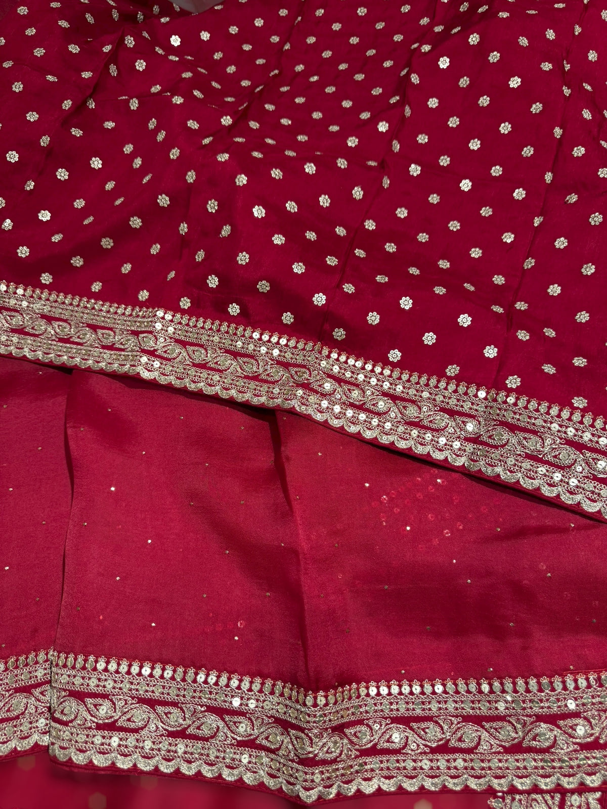 Maroon Red Pure Organza Saree with allover mukaish work & sabyasachi borders